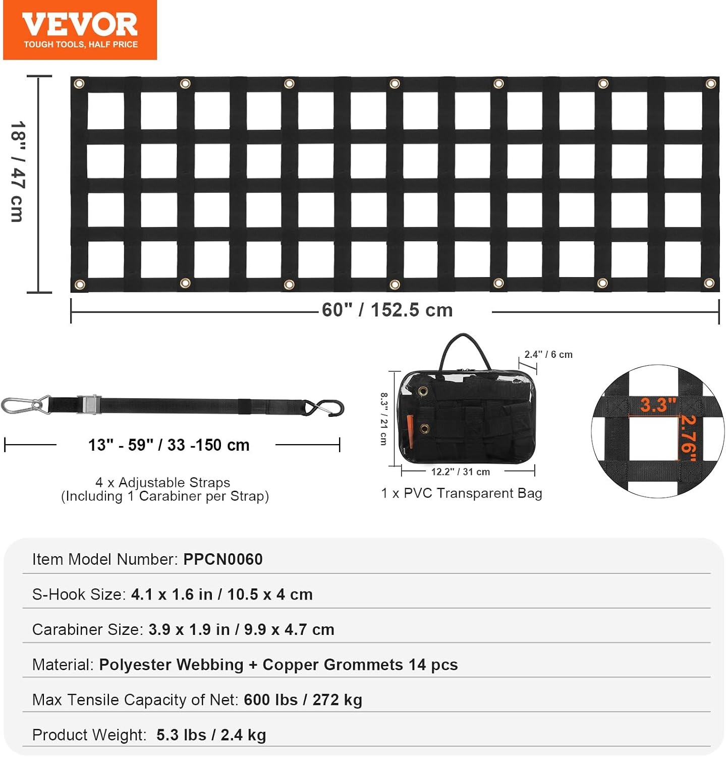 image:imageVEVOR Tailgate Net for Truck Bed 54 in x 18 in Cargo Net Durable with 4 Adjustable Buckle Straps CrossReinforced Design Extendable amp Durable Suitable for Truck Trailer Pickup Boat Jeep SUV60 in x 18 in