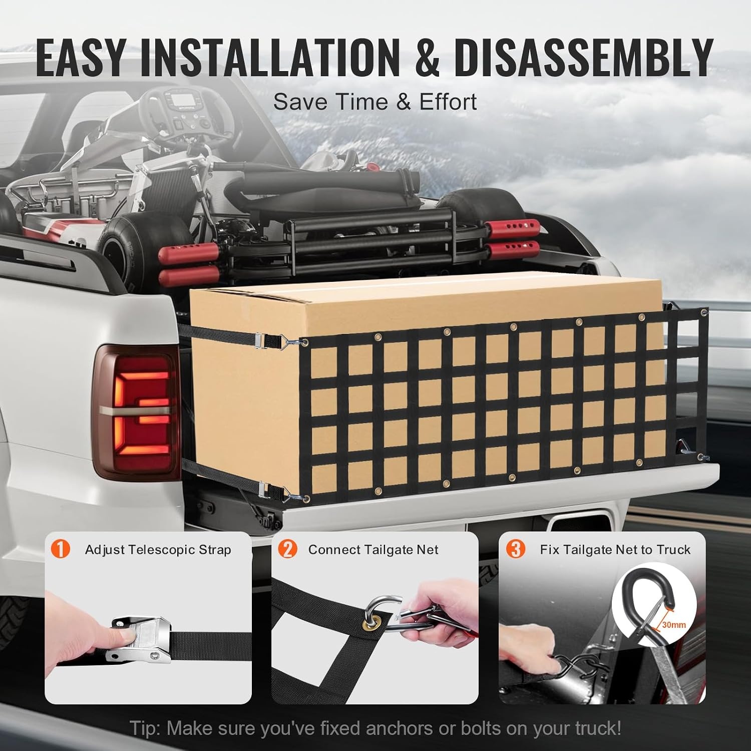 image:imageVEVOR Tailgate Net for Truck Bed 54 in x 18 in Cargo Net Durable with 4 Adjustable Buckle Straps CrossReinforced Design Extendable amp Durable Suitable for Truck Trailer Pickup Boat Jeep SUV60 in x 18 in