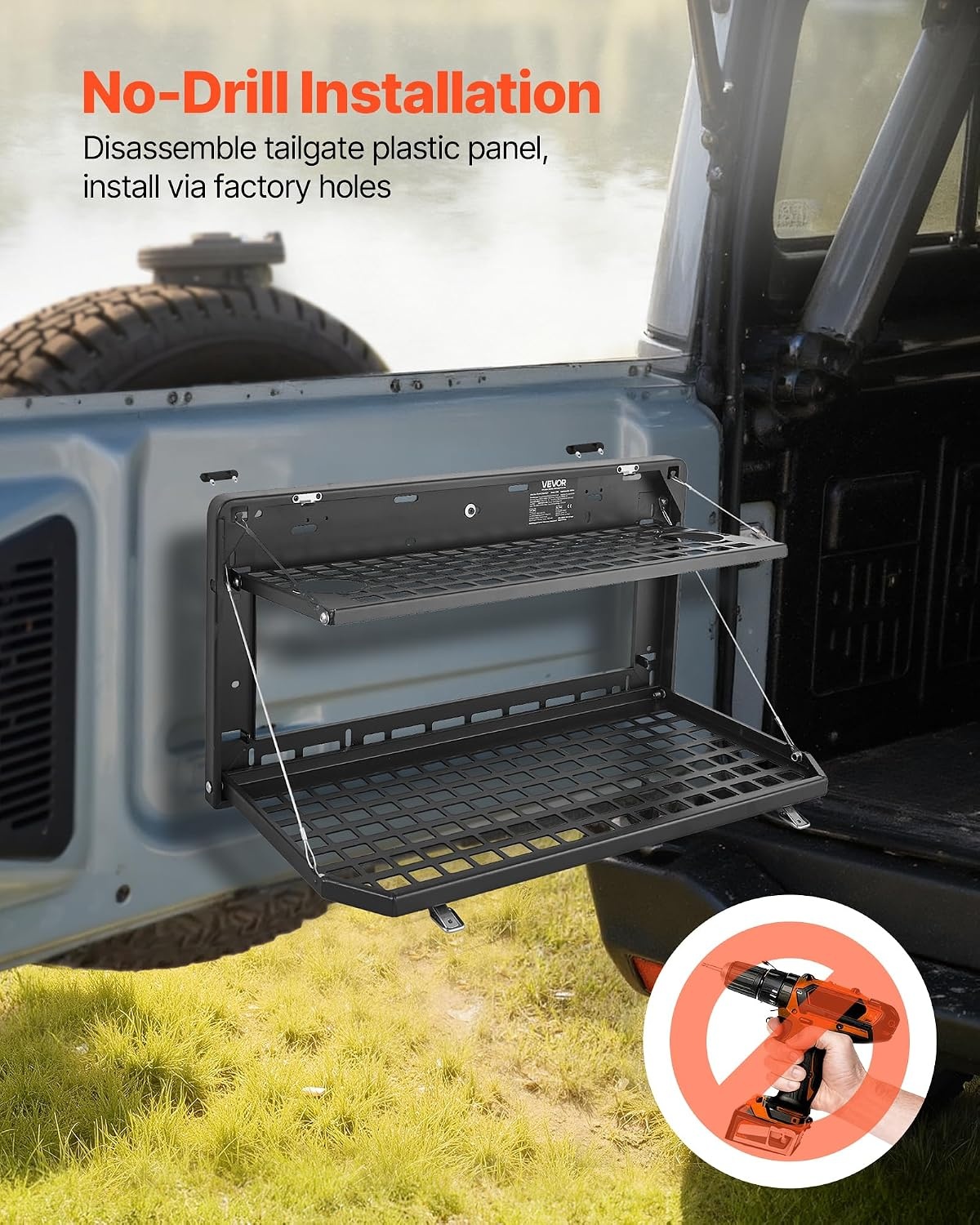 image:imageVEVOR Tailgate Table for 20212026 Ford Bronco 4 Door Hardtops Exclude Bronco Sport Foldable Molle Panel Drop Down Table Rear Door Cargo Storage Rack Shelf Luggage Holder CarrierJeep Wrangler JL 2019 Present