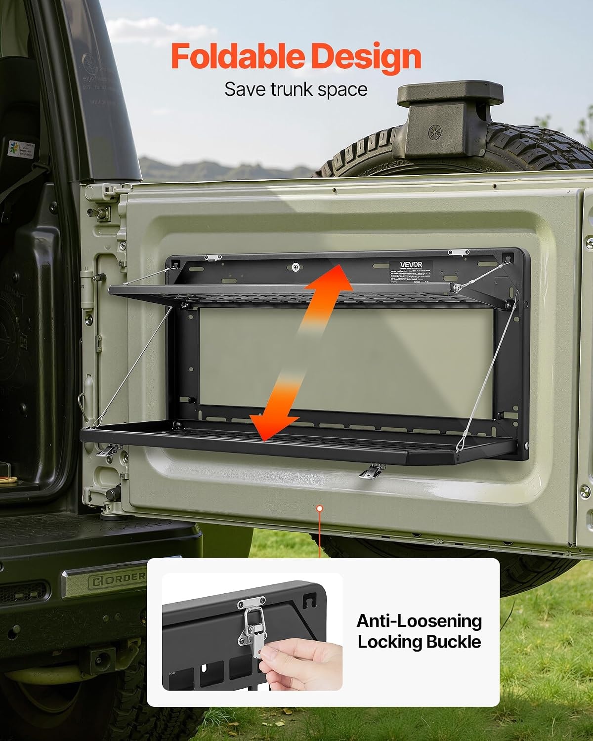 image:imageVEVOR Tailgate Table for 20212026 Ford Bronco 4 Door Hardtops Exclude Bronco Sport Foldable Molle Panel Drop Down Table Rear Door Cargo Storage Rack Shelf Luggage Holder CarrierJeep Wrangler JL 2019 Present