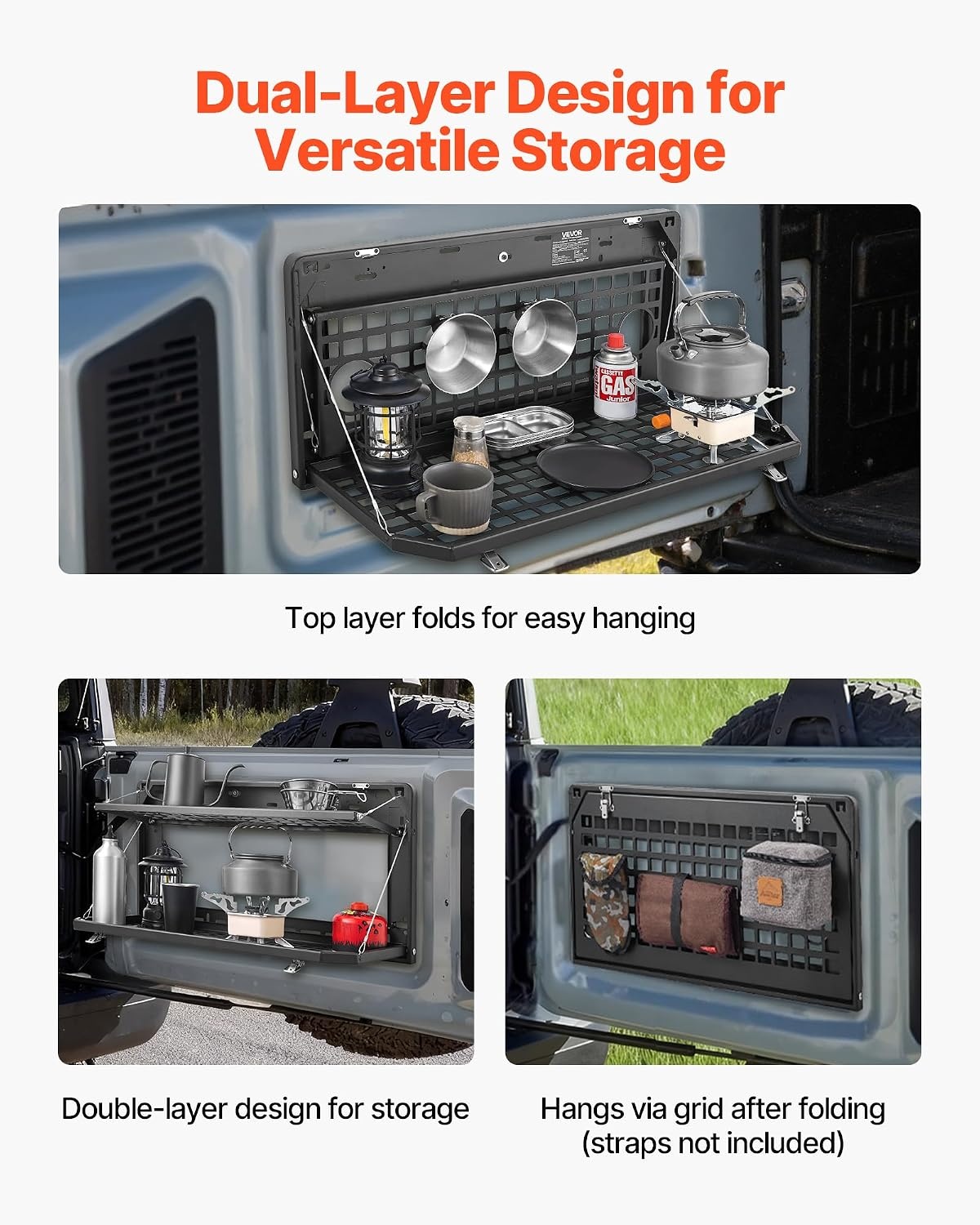 image:imageVEVOR Tailgate Table for 20212026 Ford Bronco 4 Door Hardtops Exclude Bronco Sport Foldable Molle Panel Drop Down Table Rear Door Cargo Storage Rack Shelf Luggage Holder CarrierJeep Wrangler JL 2019 Present