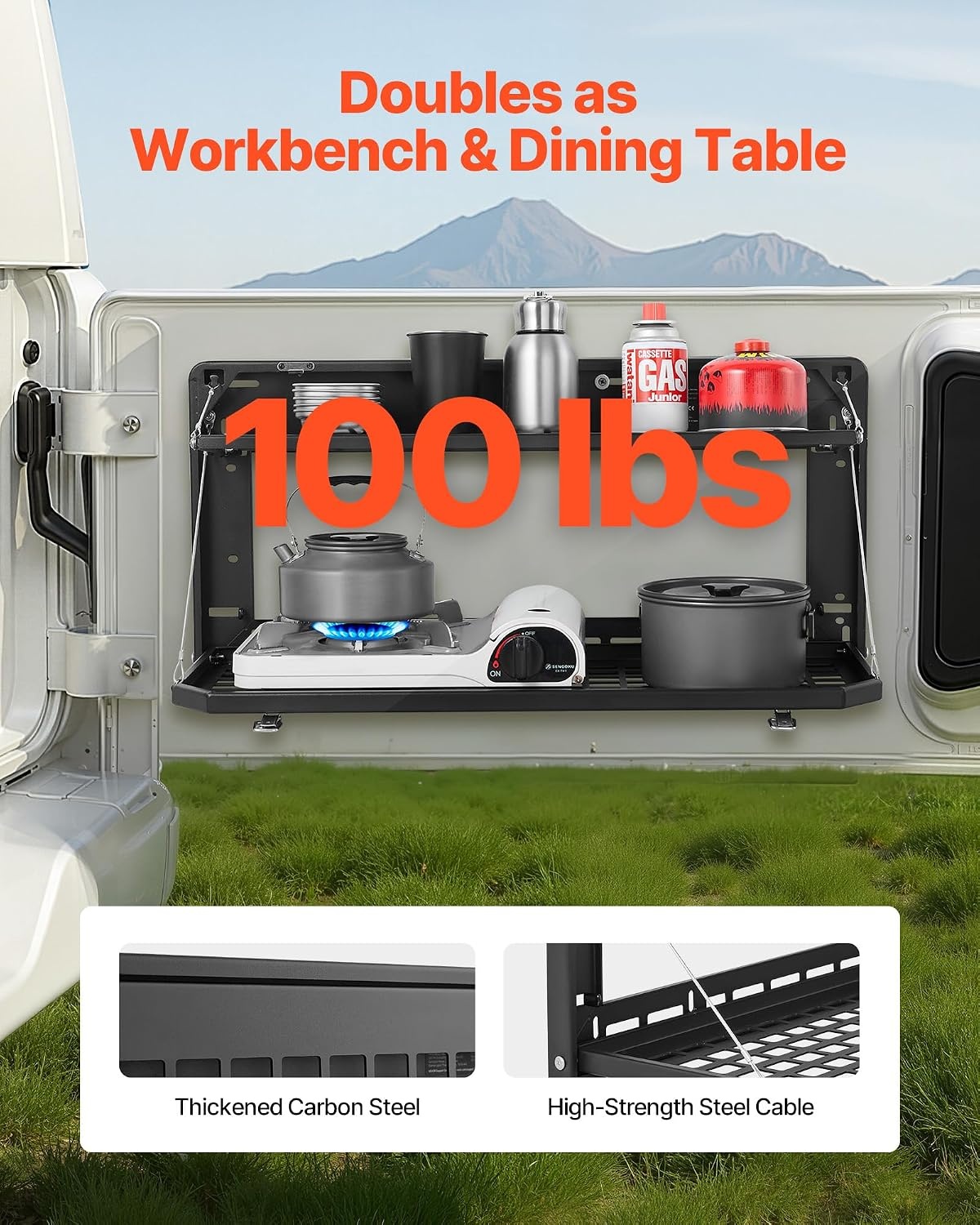 image:imageVEVOR Tailgate Table for 20212026 Ford Bronco 4 Door Hardtops Exclude Bronco Sport Foldable Molle Panel Drop Down Table Rear Door Cargo Storage Rack Shelf Luggage Holder CarrierJeep Wrangler JL 2019 Present