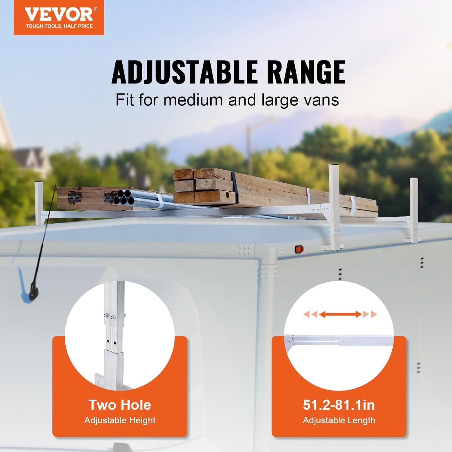 image:imageVEVOR Trailer Ladder Rack 512 to 811 Adjustable Ladder Racks for Van 400 LBS Capacity Aluminum Alloy Roof Racks Drilling Van Ladder Rack for Open and Enclosed Trailers 2 Pcs