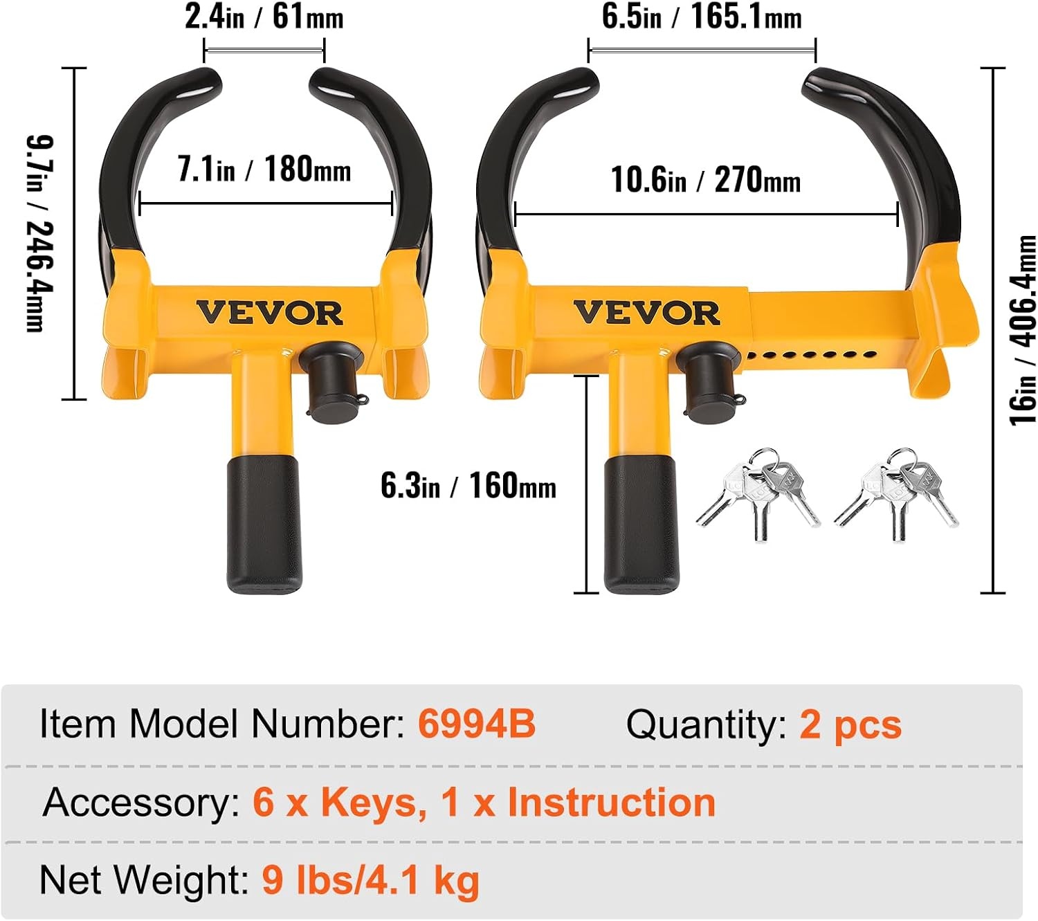 image:imageVEVOR Universal Wheel Clamp Lock 2 Pack Adjustable AntiTheft Tire Lock HeavyDuty Steel for ATV SUV Car Golf Cart Boats Motorcycles with 6 Keys