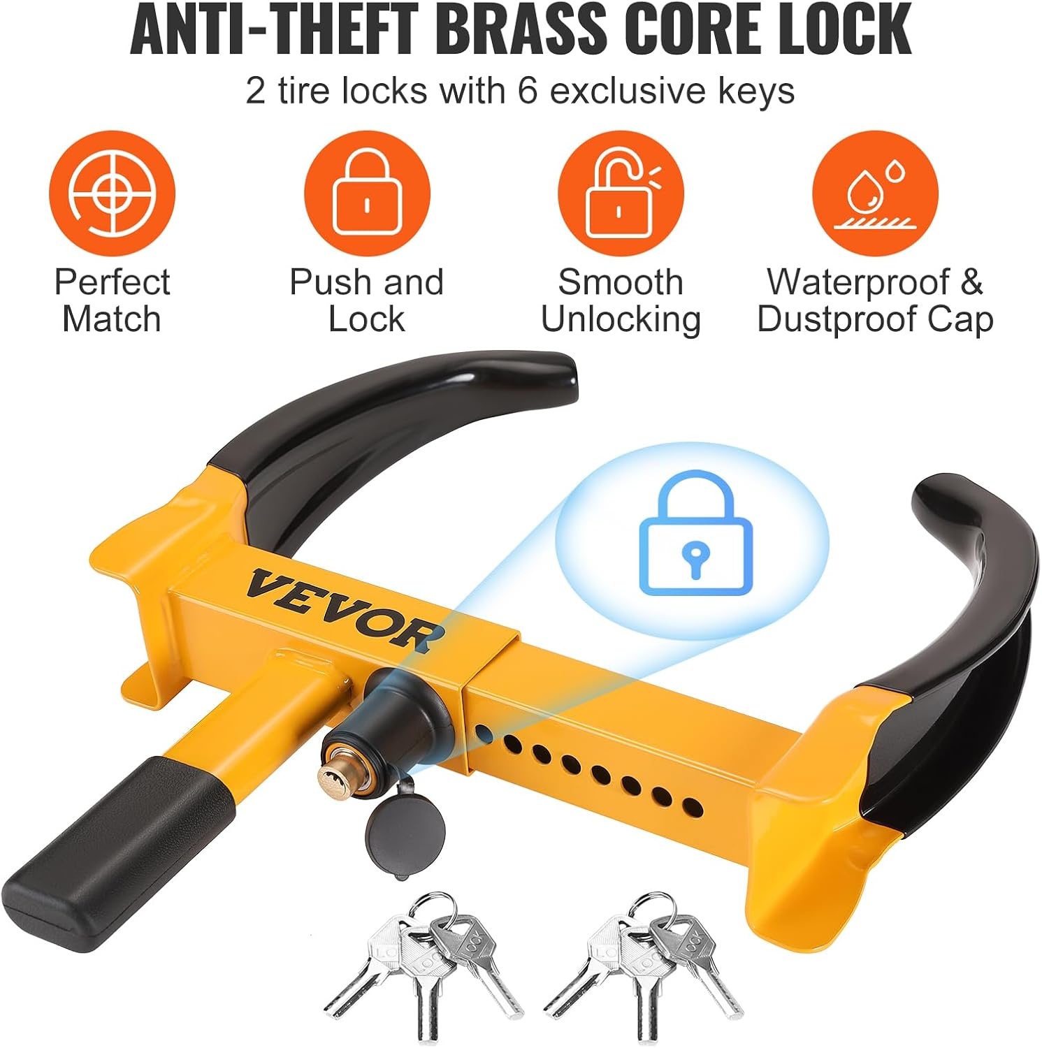 image:imageVEVOR Universal Wheel Clamp Lock 2 Pack Adjustable AntiTheft Tire Lock HeavyDuty Steel for ATV SUV Car Golf Cart Boats Motorcycles with 6 Keys