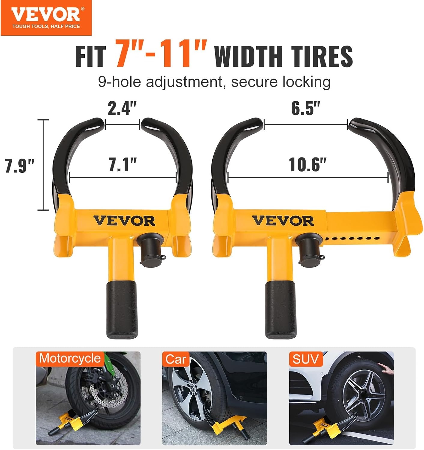 image:imageVEVOR Universal Wheel Clamp Lock 2 Pack Adjustable AntiTheft Tire Lock HeavyDuty Steel for ATV SUV Car Golf Cart Boats Motorcycles with 6 Keys