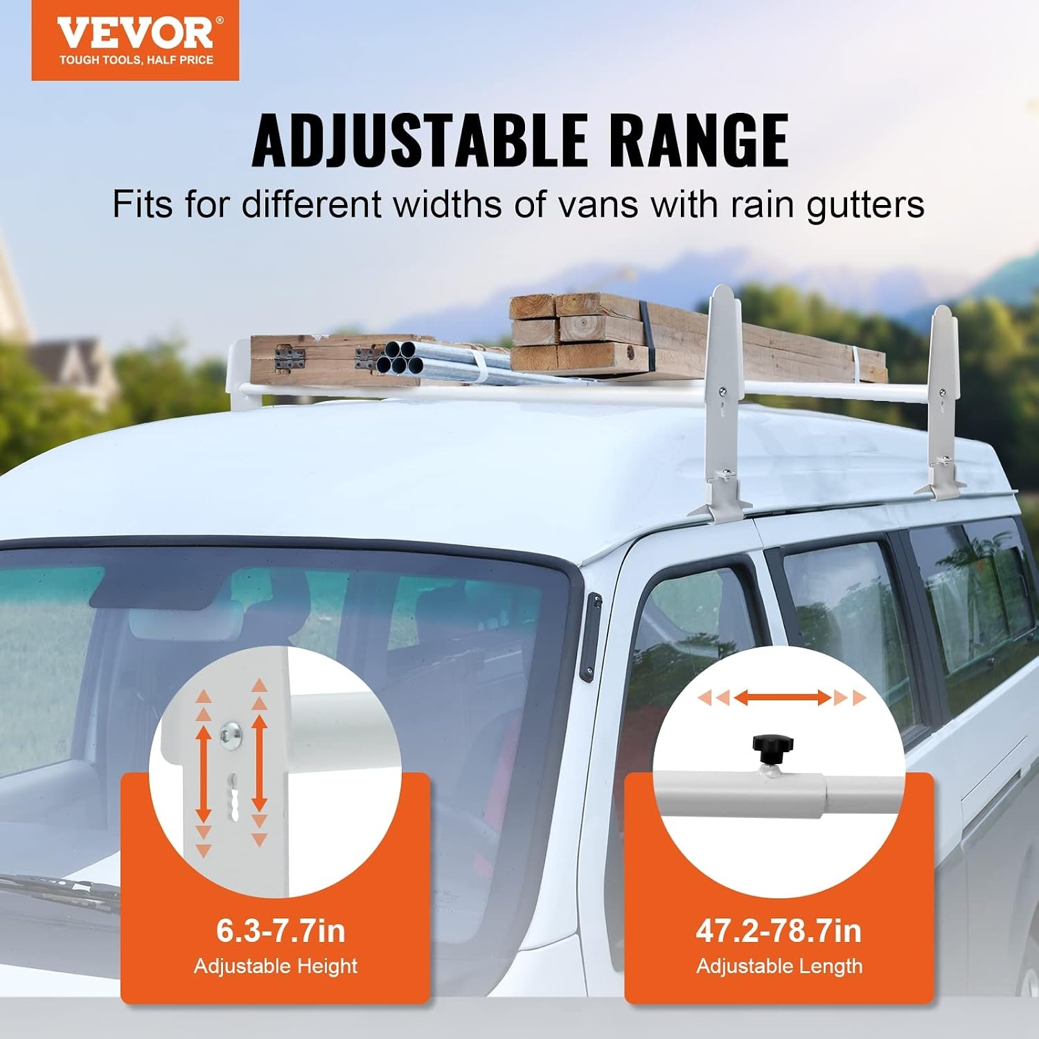 image:imageVEVOR Van Ladder Racks 472787 in Adjustable 500 lbs Capacity Alloy Steel Compatible with FullSize Vans 2 Pcs Whitefor MidLarge Size Vans