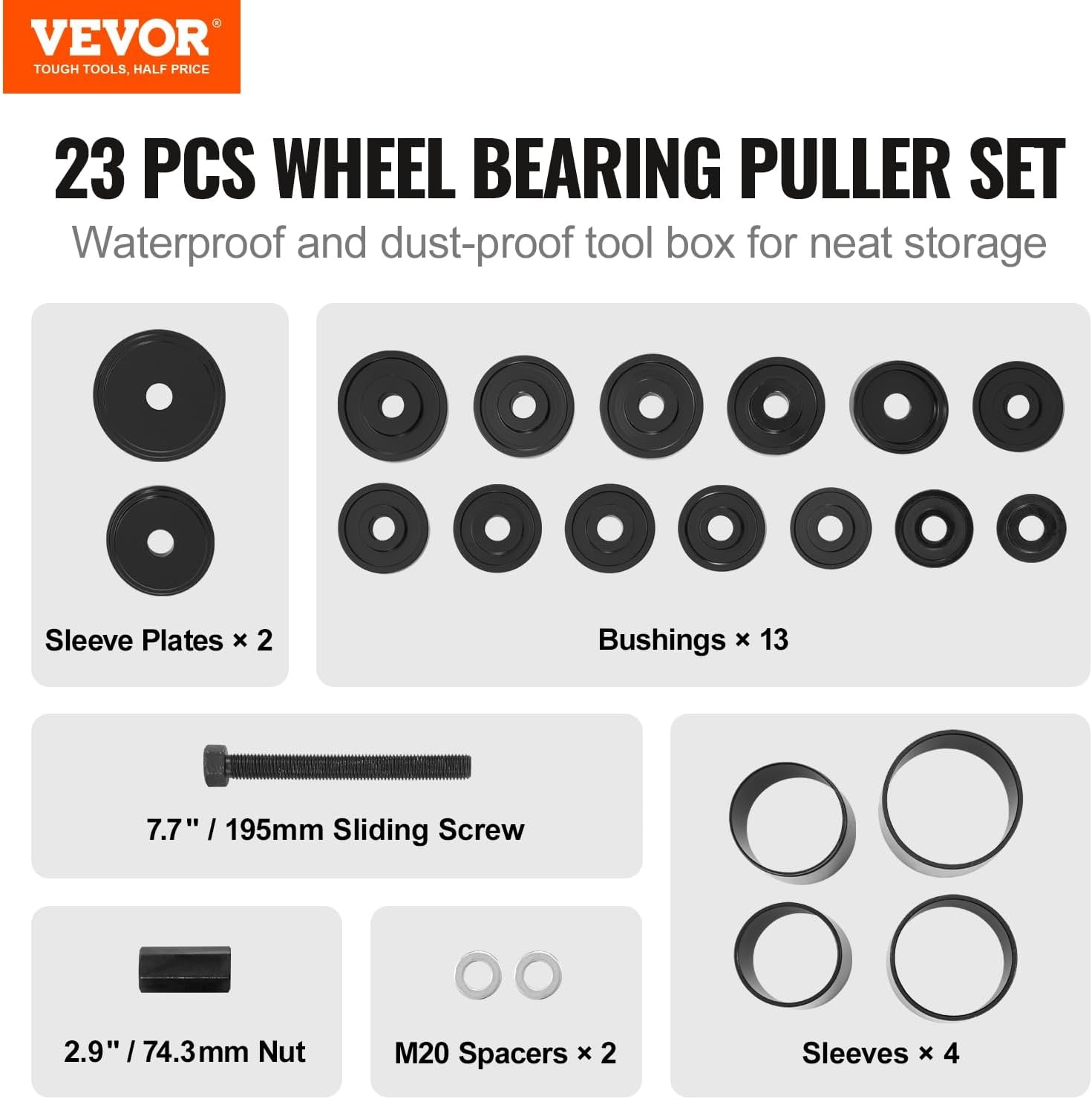 image:imageVEVOR Wheel Bearing Press Kit 23 pcs FWD Bearing Puller Tools for Front Wheel Drive Bearing Removal and Installation Wheel Bearing Tool with Sliding Screws Bushings Sleeve Plates Storage Case