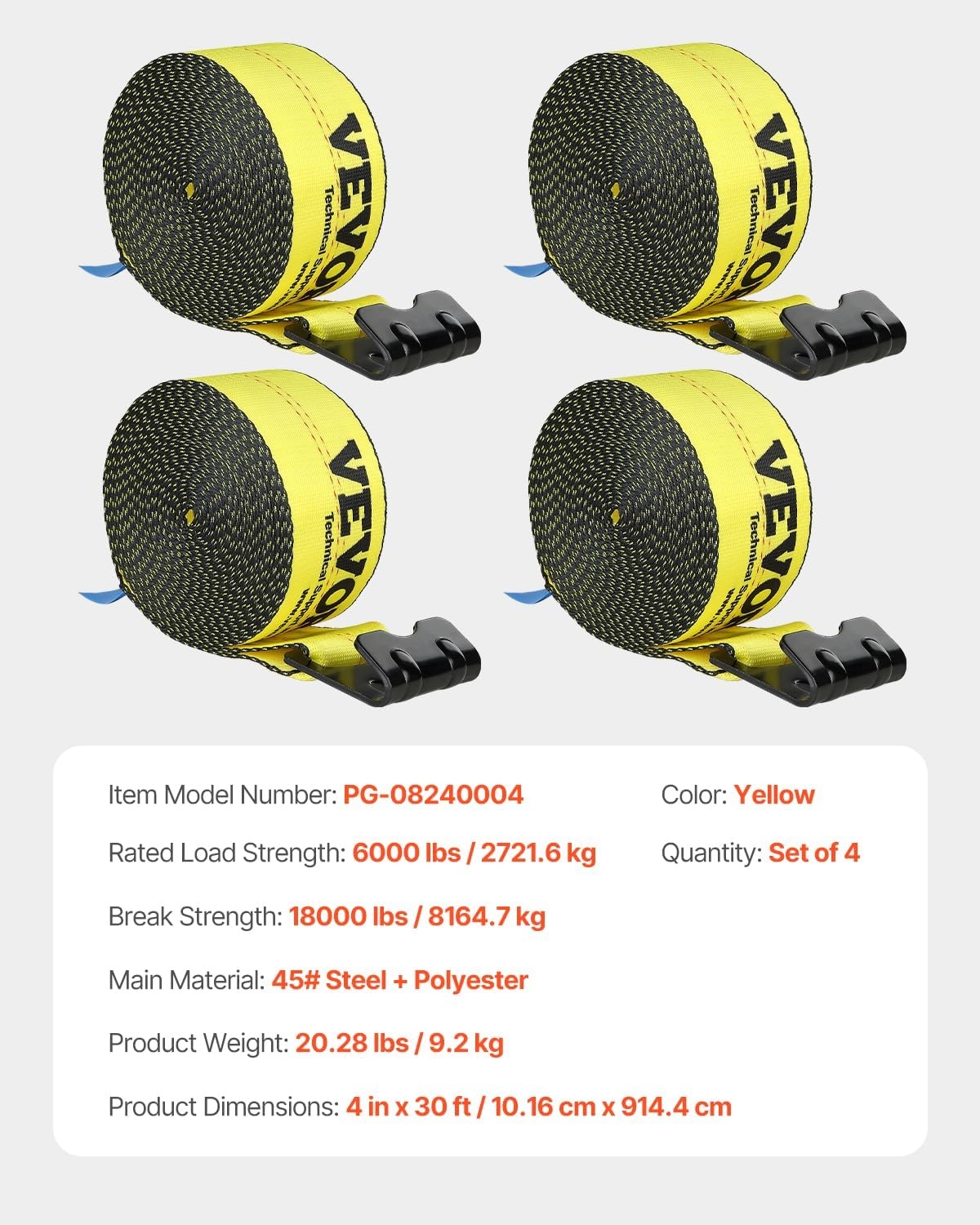 image:imageVEVOR Winch Straps 4 x 40 6000 lbs Load Capacity 18000 lbs Break Strength Truck Straps with Flat Hook Flatbed Tie Downs Cargo Control for Trailers Farms Rescues Tree Saver Yellow 10 PackYellow