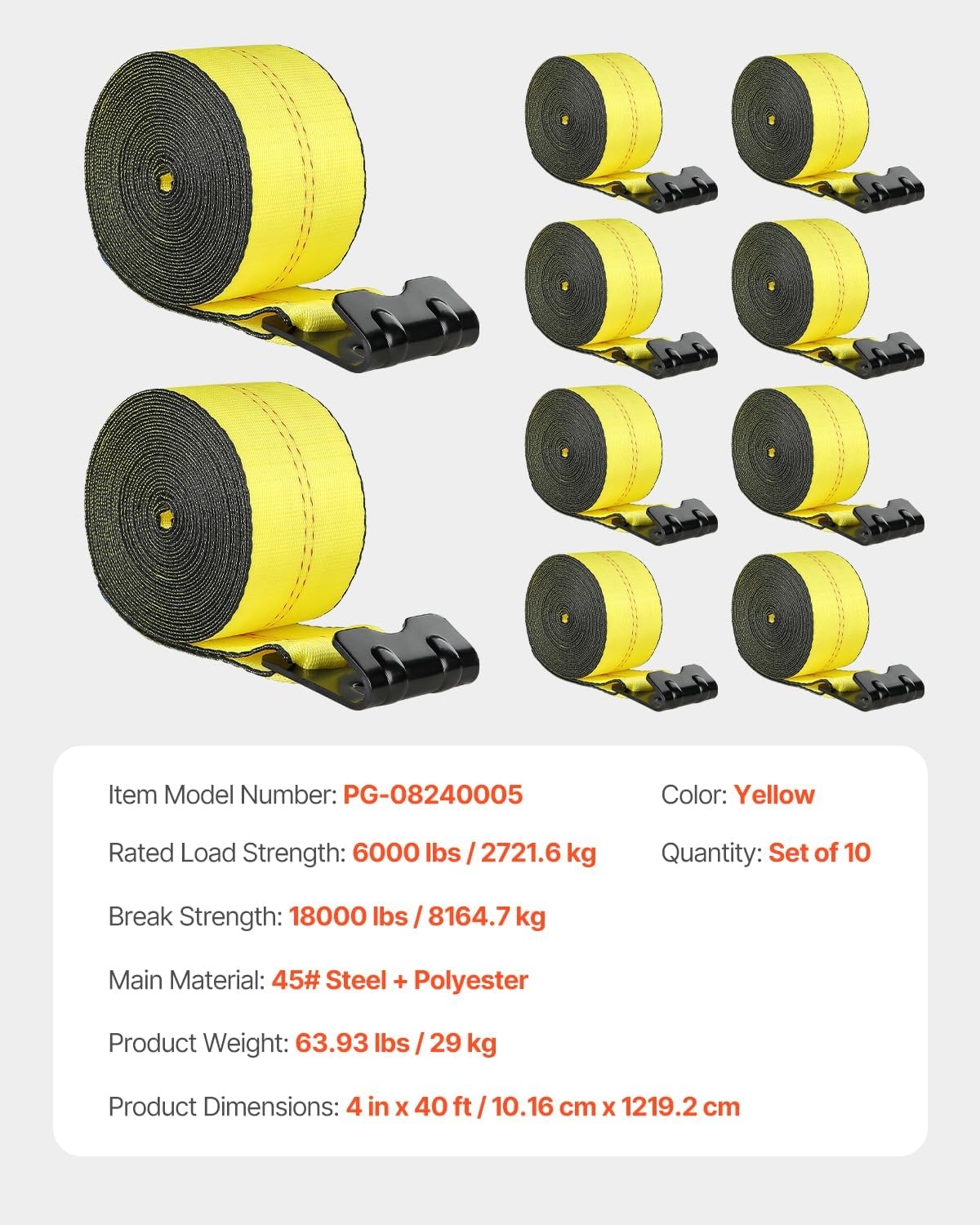 image:imageVEVOR Winch Straps 4 x 40 6000 lbs Load Capacity 18000 lbs Break Strength Truck Straps with Flat Hook Flatbed Tie Downs Cargo Control for Trailers Farms Rescues Tree Saver Yellow 10 PackYellow
