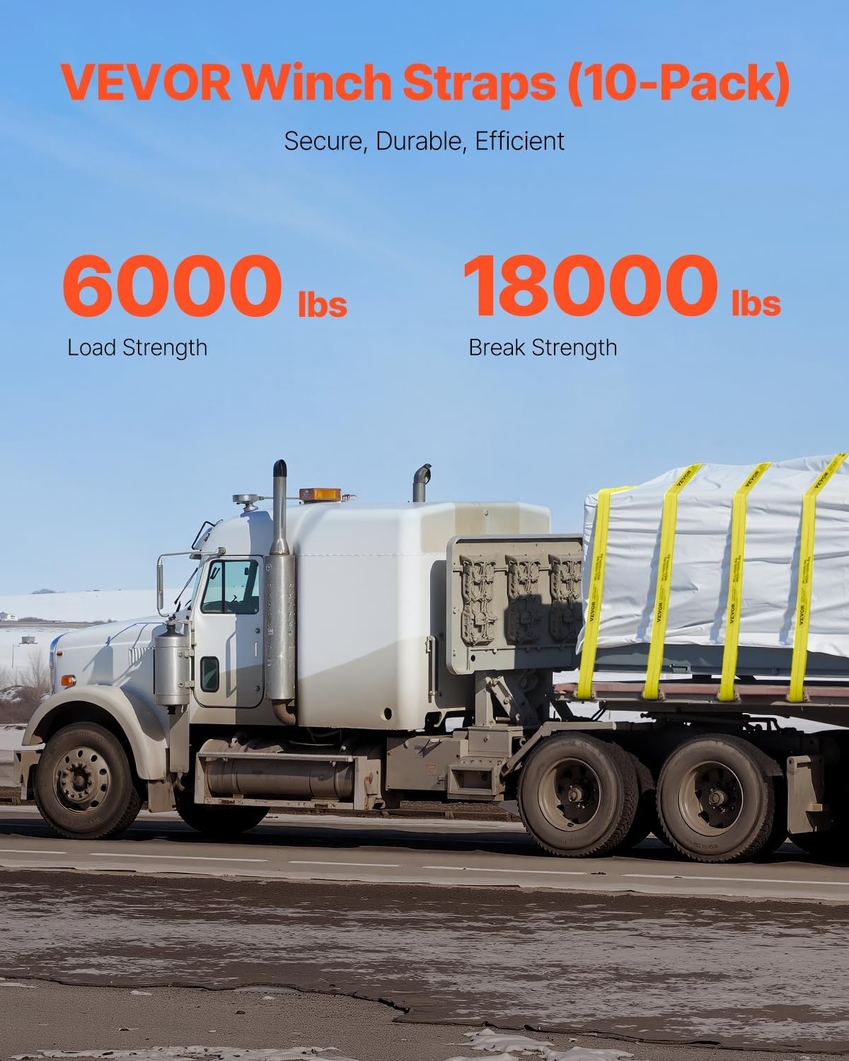 image:imageVEVOR Winch Straps 4 x 40 6000 lbs Load Capacity 18000 lbs Break Strength Truck Straps with Flat Hook Flatbed Tie Downs Cargo Control for Trailers Farms Rescues Tree Saver Yellow 10 PackYellow