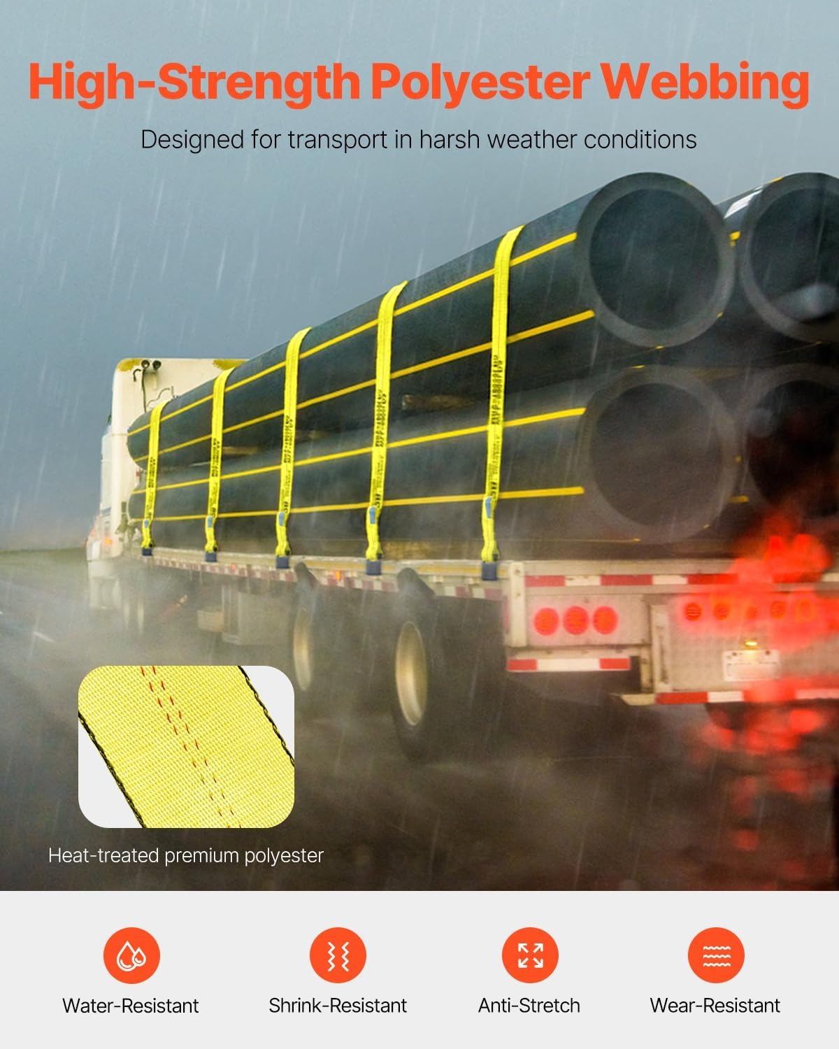 image:imageVEVOR Winch Straps 4 x 40 6000 lbs Load Capacity 18000 lbs Break Strength Truck Straps with Flat Hook Flatbed Tie Downs Cargo Control for Trailers Farms Rescues Tree Saver Yellow 10 PackYellow