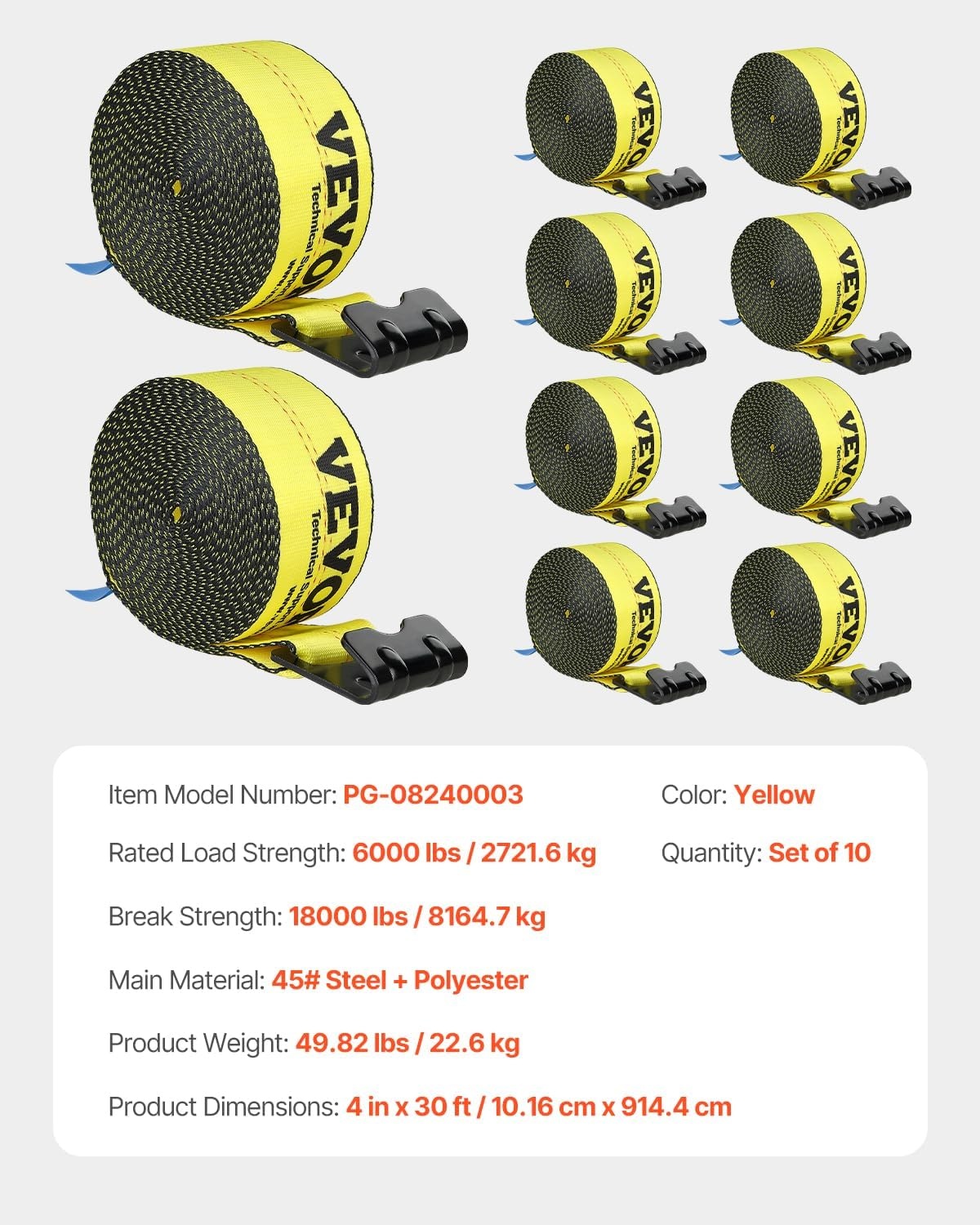 image:imageVEVOR Winch Straps 4 x 40 6000 lbs Load Capacity 18000 lbs Break Strength Truck Straps with Flat Hook Flatbed Tie Downs Cargo Control for Trailers Farms Rescues Tree Saver Yellow 10 PackYellow