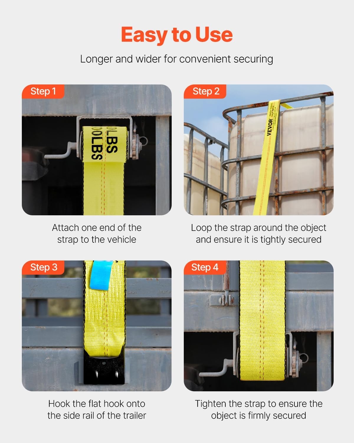image:imageVEVOR Winch Straps 4 x 40 6000 lbs Load Capacity 18000 lbs Break Strength Truck Straps with Flat Hook Flatbed Tie Downs Cargo Control for Trailers Farms Rescues Tree Saver Yellow 10 PackYellow