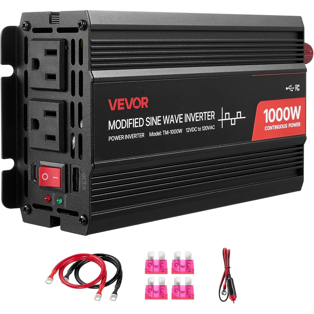 image:imageVEVOR 4000W Power Inverter 12V DC to 120V AC Modified Sine Wave Inverter Solar Car Charger Converter with LCD Display Remote Control 2 USB Ports 4 AC Outlets TypeC Port for RV Truck Outdoor1000W