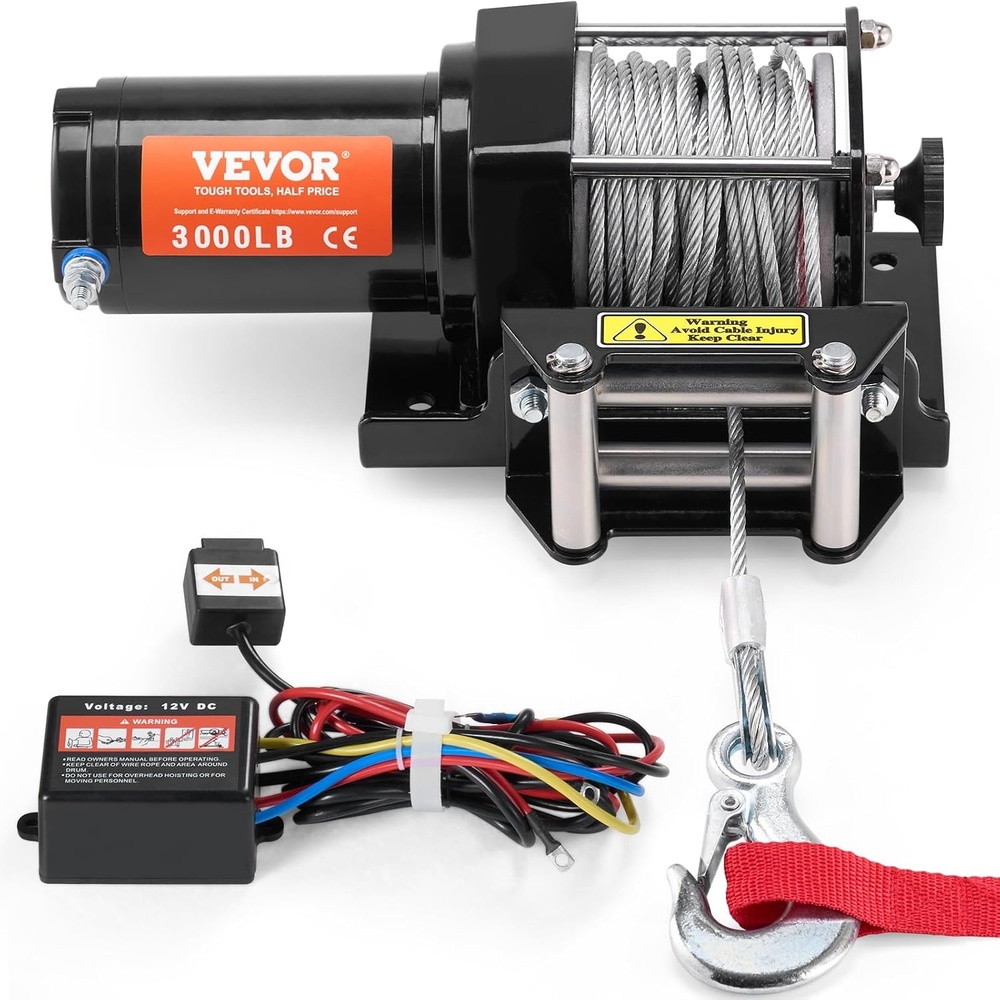 image:imageVEVOR ATV Winch 3000 lb Electric Winch 12V Small ATV UTV Winch with 316 in x 39 ft Steel Cable Roller Fairlead Wired Remote Control IP55 Waterproof for Towing UTV ATV Car Vehicle OffRoad3000 LBS