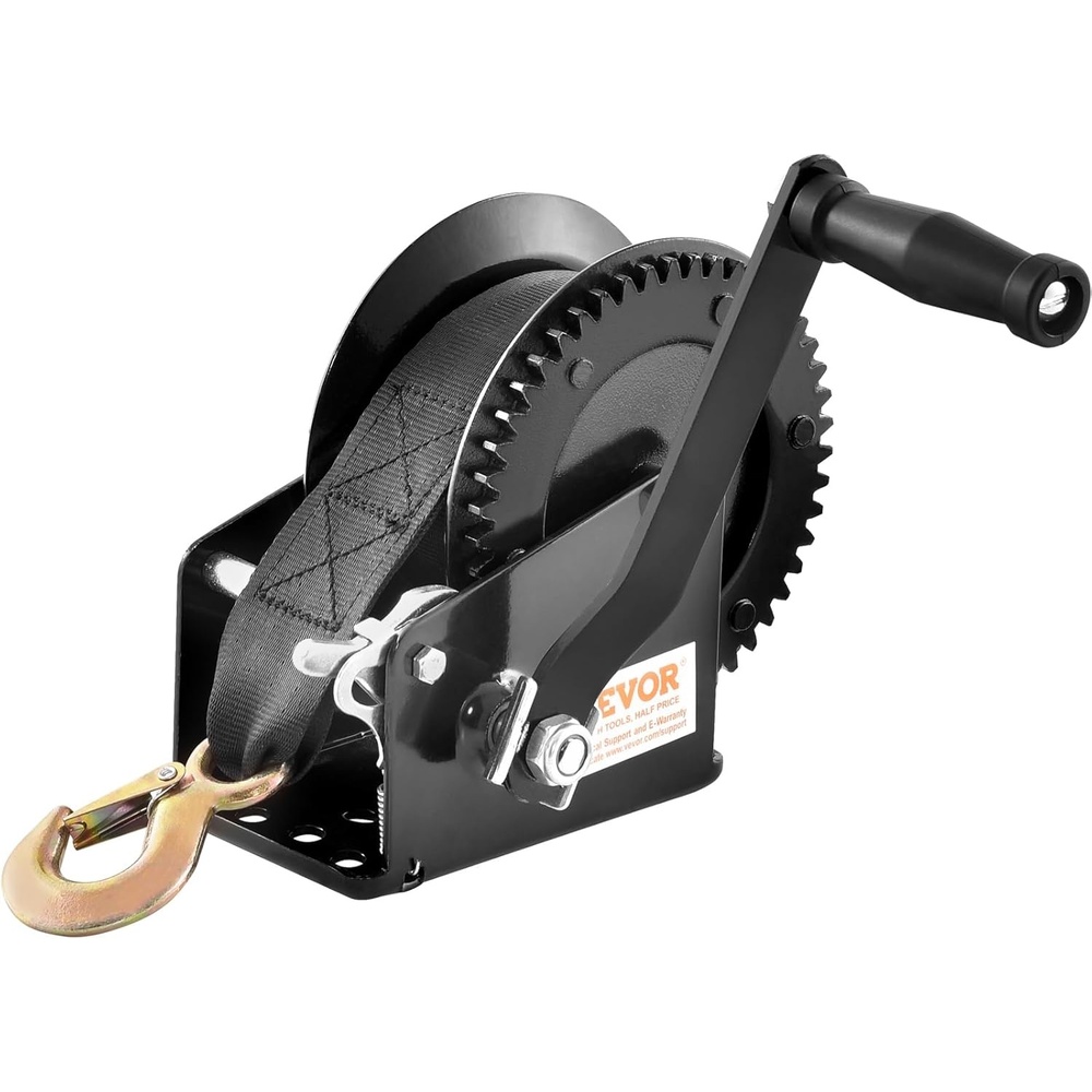image:imageVEVOR Boat Winch 1600 lbs Capacity Hand Boat Trailer Winch Heavy Duty 33 ft Polyester Strap and TwoWay Ratchet Manual Operated Hand Crank Winch for Trailer Boat or ATV Towing1600 LBS