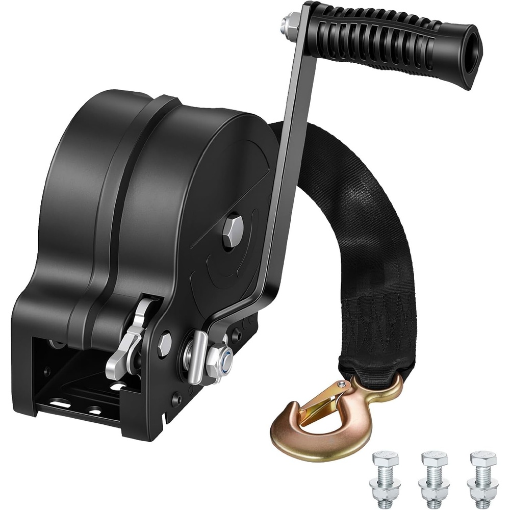 image:imageVEVOR Boat Winch 1600 lbs Hand Winch Heavy Duty Manual Rope Crank with 20ft Orange Polyester Strap Portable TwoWay Ratchet 2 Speed Switchable AntiSlip Handle Gear for Boat Trailer ATV TowingBlack