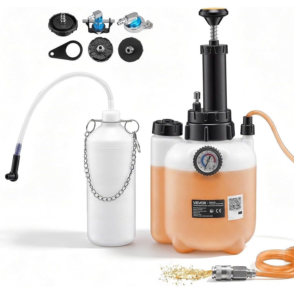 image:imageVEVOR Brake Bleeder Kit 3L Manual Brake Fluid Bleeding Kit with 1L Waste Bottle amp 4 Master Cylinder Adapters OnePerson Professional Brake Fluid Pressure Bleeder for Most Vehicleswith 5pcs Adapters