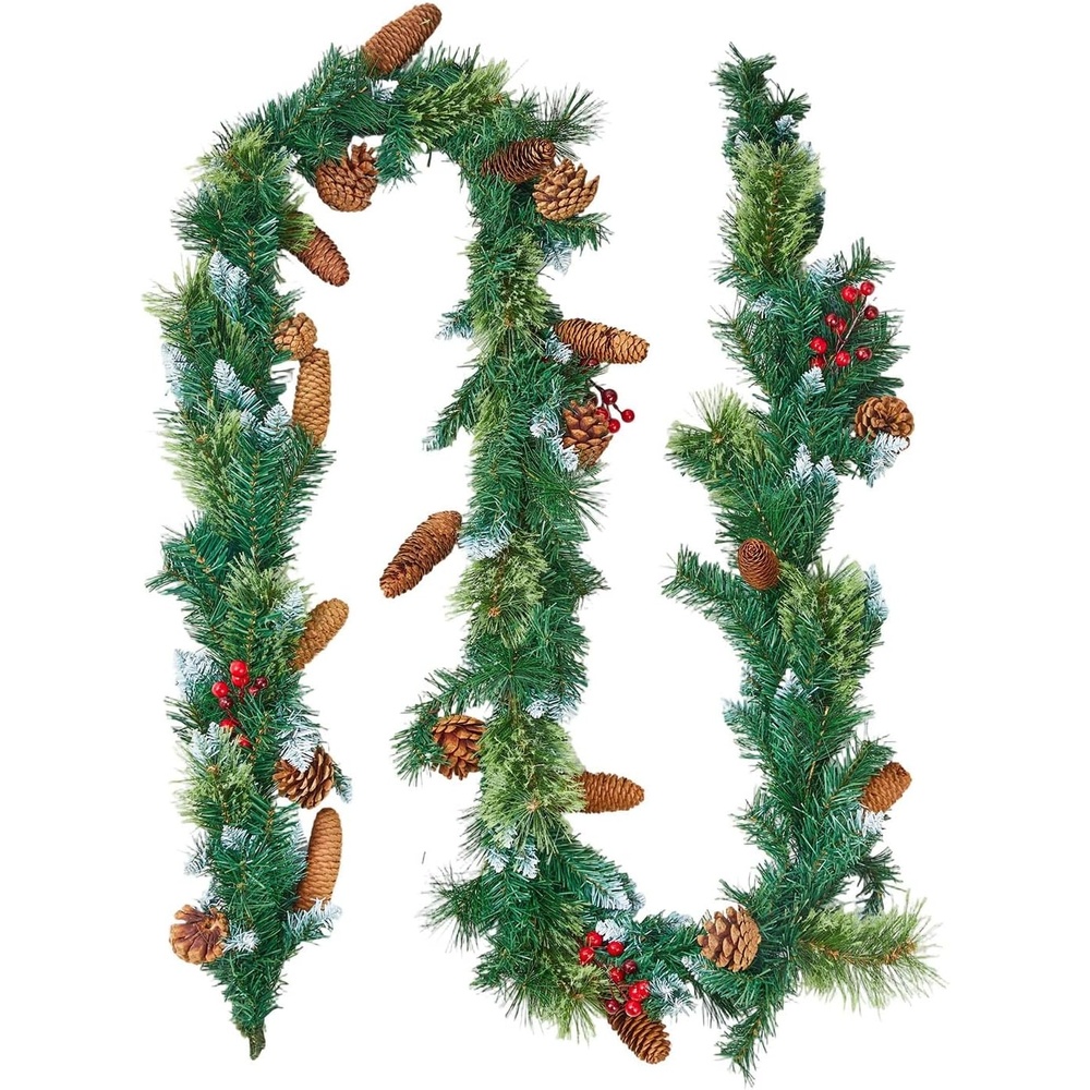 image:imageVEVOR Christmas Garland 9Ft Artificial Christmas Garland with Light String Faux Greenery Decoration with Berry Clusters Pine Needles Pine Cones Realistic Xmas Collection for Mantel amp Fireplace