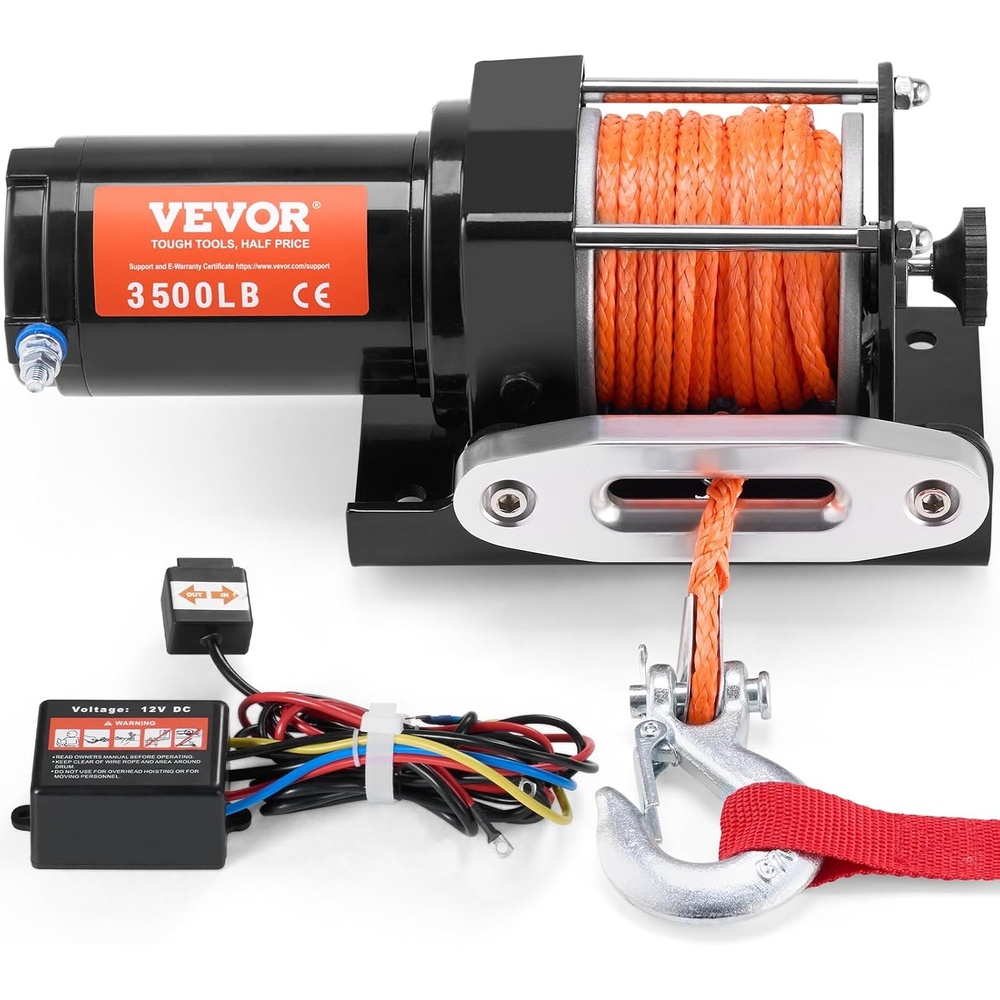 image:imageVEVOR Electric Winch 3500 lb Line Pull Capacity 12V DC ATV Winch with 316 in x 39 ft 12 Strands Synthetic Rope amp Aluminum Fairlead Wired Remote Control IP55 Waterproof for Towing ATV Boat3500 lbs