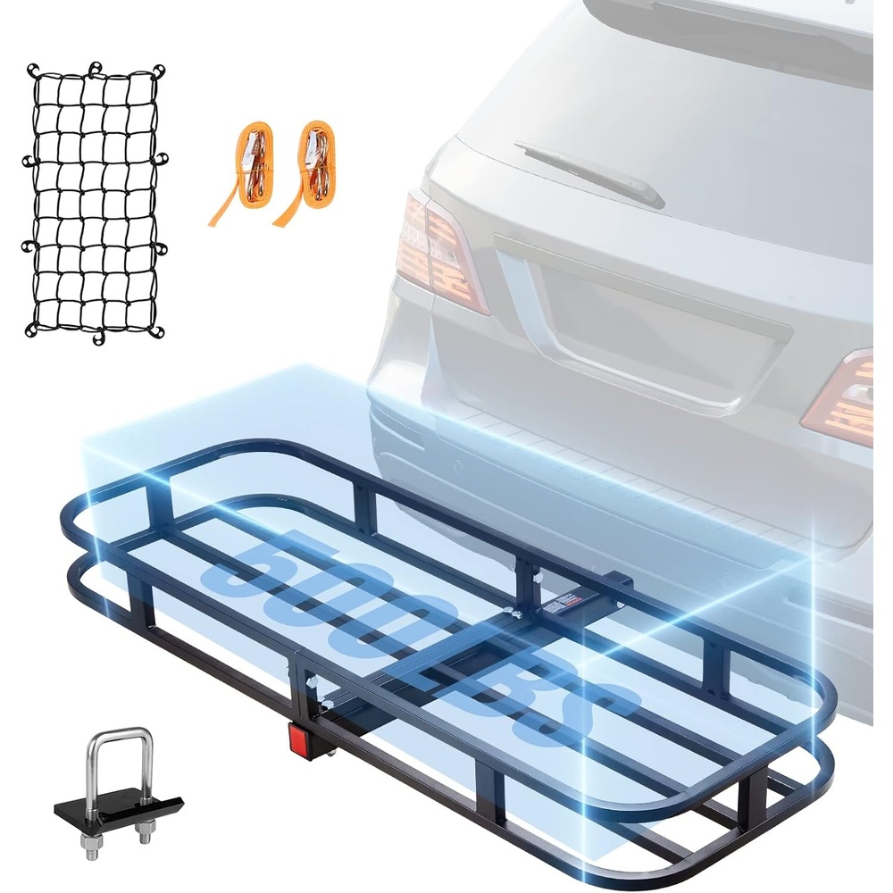 image:imageVEVOR Hitch Mount Cargo Carrier 60 x 36 x 6 Folding Rear Luggage Rack Basket with Waterproof Cargo Bag 500LBS Capacity HighStrength Steel Hitch Cargo Carrier Fits 2 Receiver for SUV Pickups53 x 19 x 5