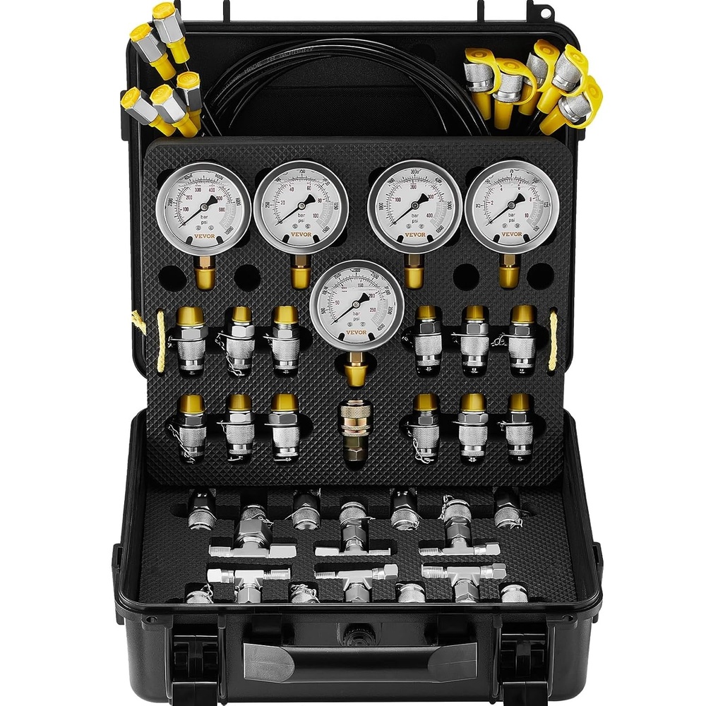 image:imageVEVOR Hydraulic Pressure Test Kit 10100250400600bar 5 Gauges 13 Test Couplings 14 Tee Connectors 5 Test Hoses Hydraulic Gauge Kit with Sturdy Carrying Case for Excavator Construction Machinery5 Gauges 13 Couplings