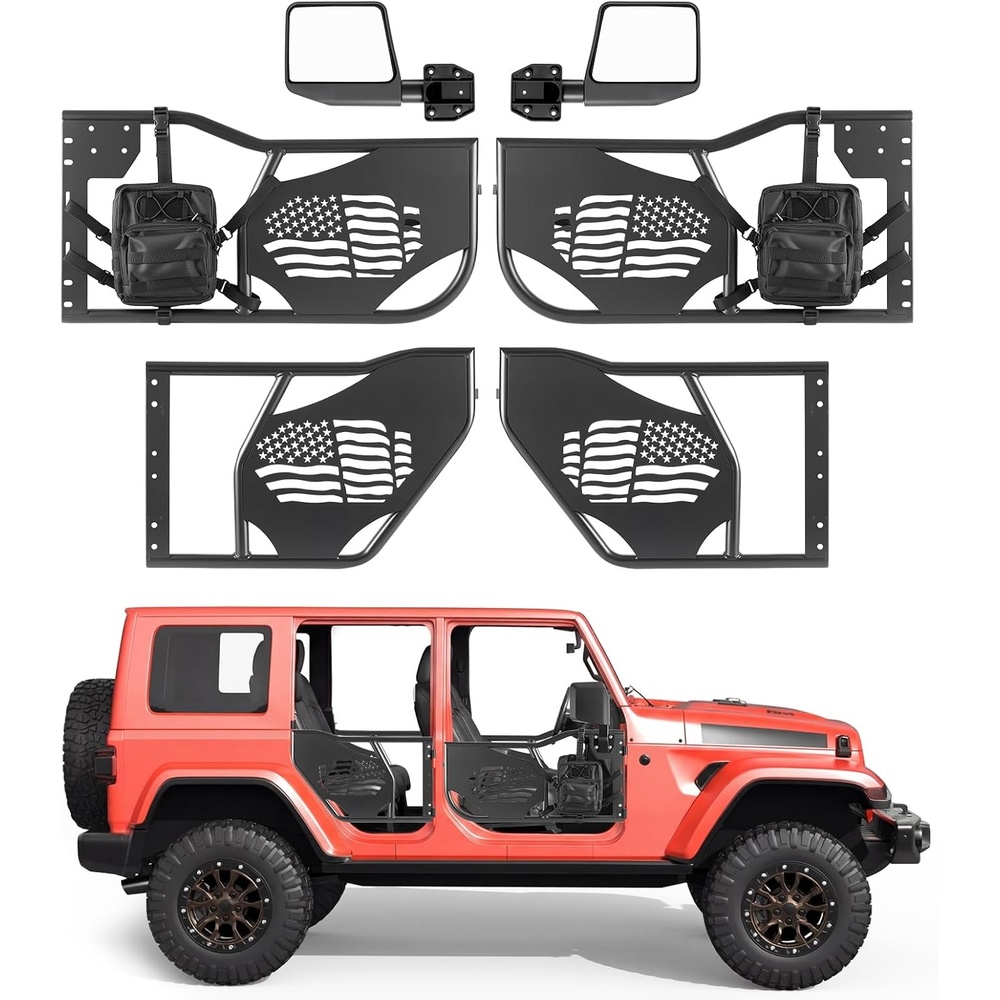 image:imageVEVOR Jeep Tube Doors 4Door Fit for 20182026 Jeep Wrangler JL amp 20202026 Gladiator JT Flag Pattern Off Road Front amp Rear Tubular Half Doors with DOT Certified Side View Mirrors and Storage BagJK