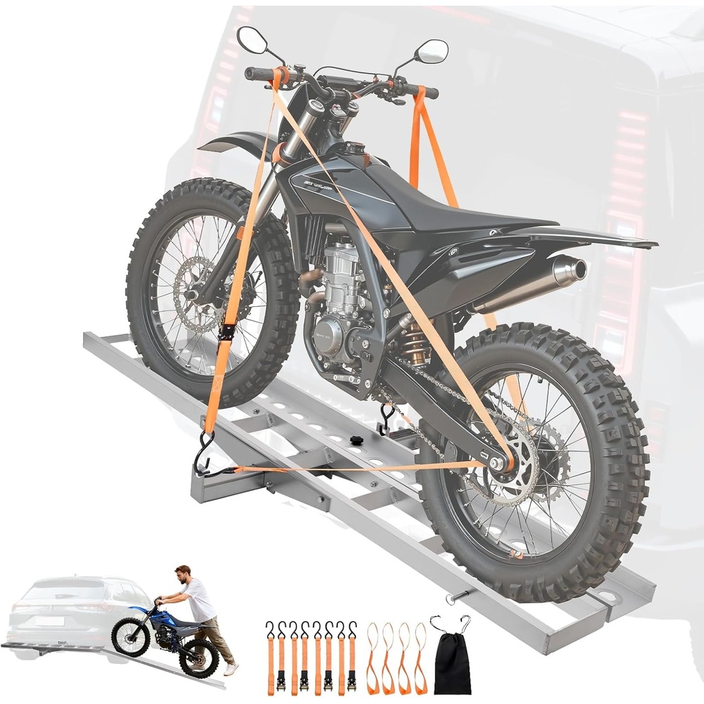 image:imageVEVOR Motorcycle Carrier 400 lbs Capacity Heavy Duty Aluminum Hitch Mount Rack with 73in Loading Ramp Straps amp Stabilizer Scooter Dirt Bike Trailer Hauler for Car Truck with 2Inch Hitch Receiver73in Ramp