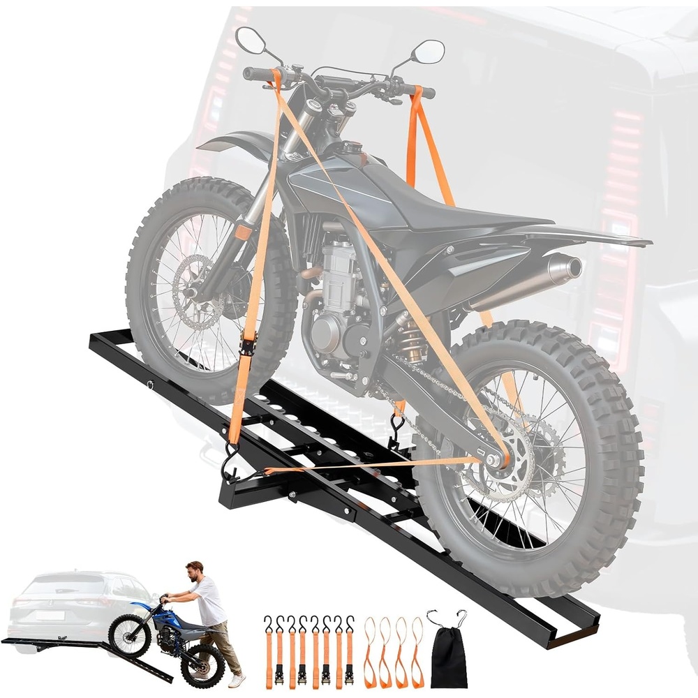 image:imageVEVOR Motorcycle Carrier 500 lbs Capacity Heavy Duty Steel Hitch Mount Rack with 47in Ramp Ratchet Straps amp Stabilizer Scooter Dirt Bike Trailer Hauler for Car Truck with 2Inch Hitch ReceiverUpgrade Version