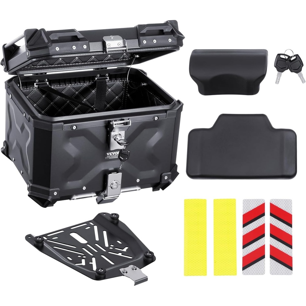 image:imageVEVOR Motorcycle Top Case Universal Aluminum Alloy Motorbike Tail Box with Leather Lining Waterproof Detachable Motorcycle Top Box with Lock amp Back Cushion 65LB