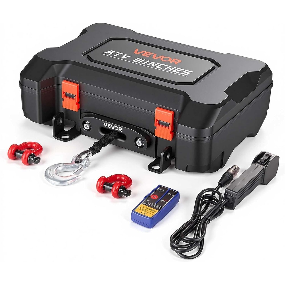 image:imageVEVOR Portable Winch 3500 lbs 12V DC Electric Winch with Synthetic Rope Wireless amp Wired Remotes BoxStyle Recovery Kit with Fairlead Clevis Hook Strap for ATV UTV OffRoad Outdoor Pulling Tasks