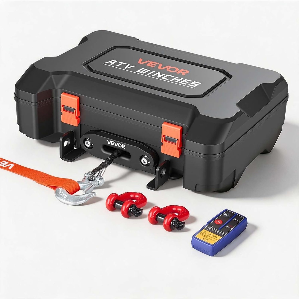 image:imageVEVOR Portable Winch 4500 lbs 12V DC Electric Winch with Synthetic Rope Wireless amp Wired Remotes BoxStyle Recovery Kit with Fairlead Clevis Hook Strap for ATV UTV OffRoad Outdoor Pulling Tasks