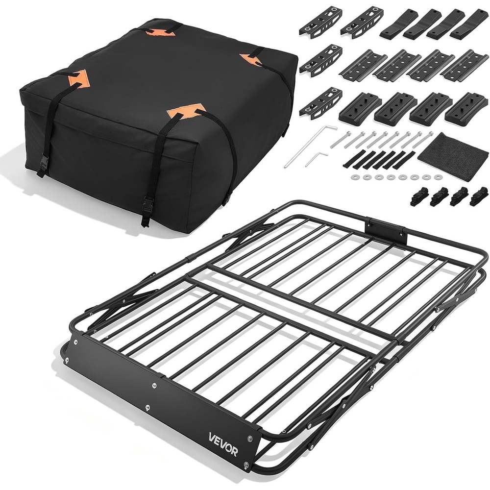 image:imageVEVOR Roof Rack Basket with Cargo Bag 51 x 36 x 4 in Roof Top Carrier Basket with Folding Design 200 lbs Capacity AllWeather Car Top Luggage Holder Universal Fit for SUV Truck Car51in with Bag