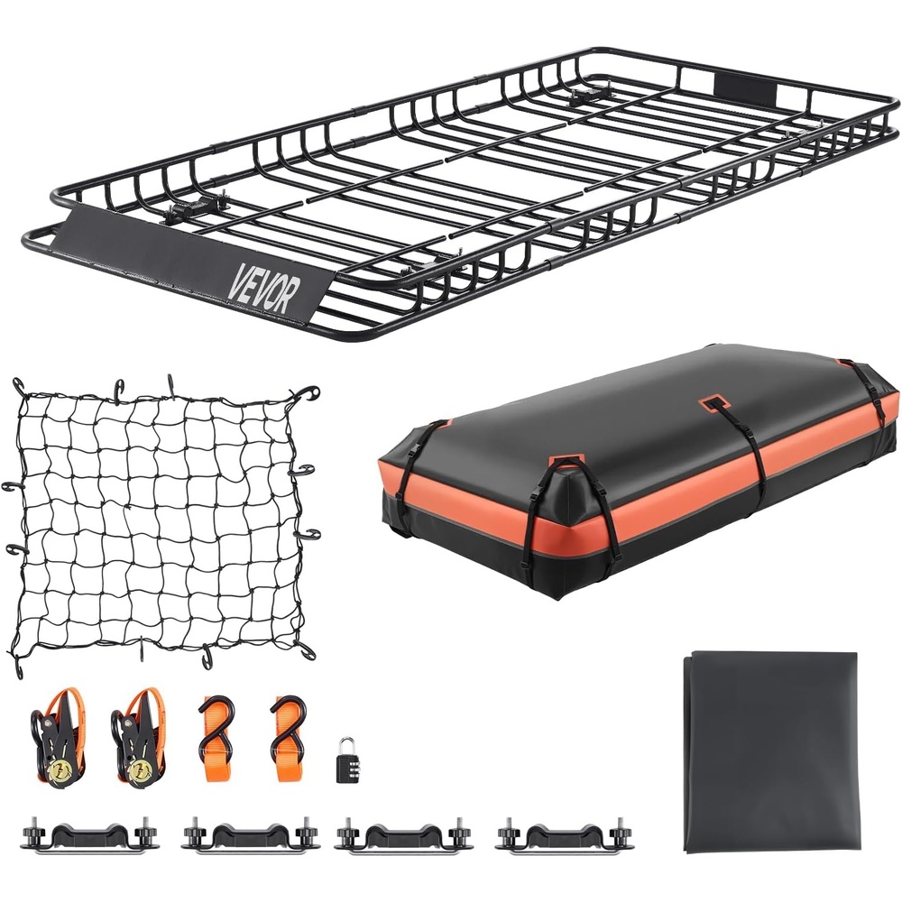 image:imageVEVOR Roof Rack Cargo Basket 64 x 39 x 6 Rooftop Cargo Carrier with Extension HeavyDuty Steel 200 LBS Capacity Universal Roof Rack Basket Luggage Holder for SUV TruckBasket w Bag  Net