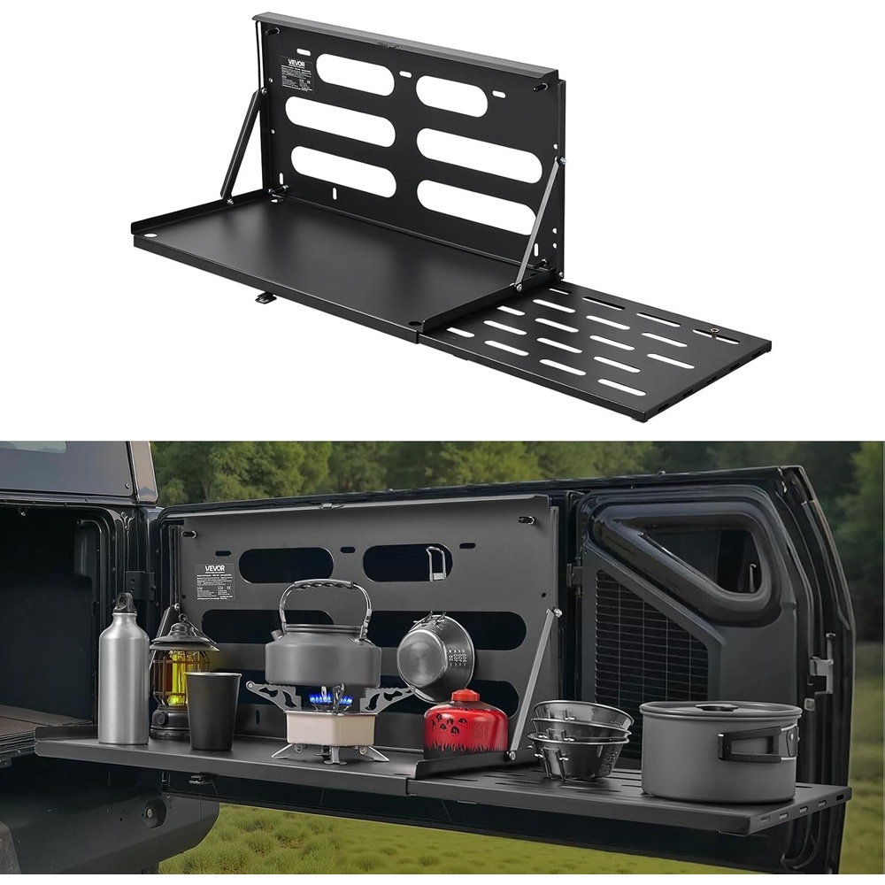 image:imageVEVOR Tailgate Table for 20212026 Ford Bronco 4 Door Hardtops Exclude Bronco Sport 88 lbs Load Capacity Carbon Steel Foldable Molle Panel Drop Down Table Rear Door Cargo Storage Rack ShelfJL2019  Present