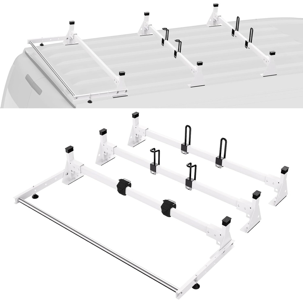 image:imageVEVOR Van Roof Ladder Rack 54 HeavyDuty Steel Rack 800 lbs Capacity Drilling with Straps Fit for Ford Transit 150 250 350 20152022 3 BarsWhite