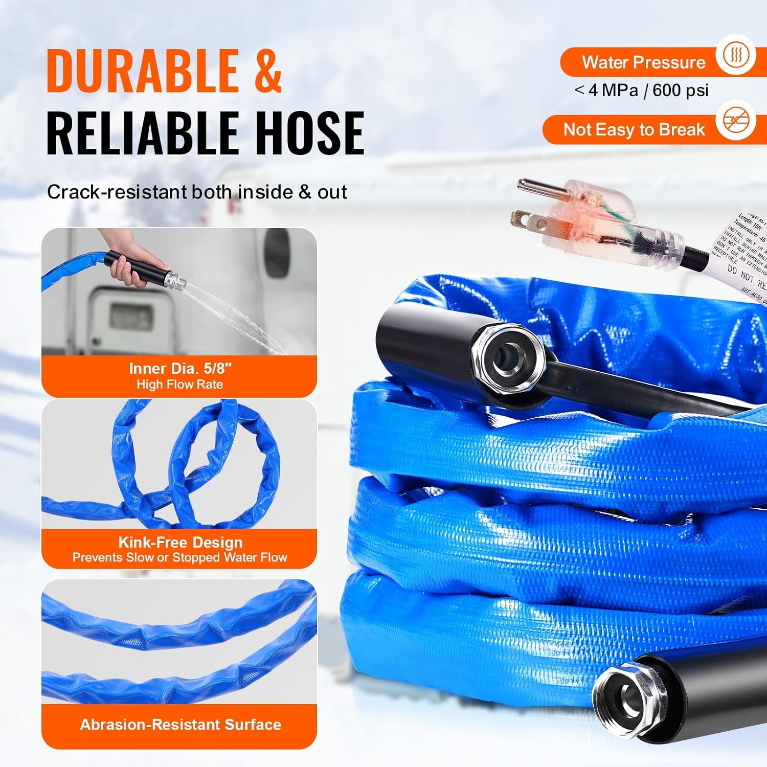 image:imageVEVOR 100ft Heated Water Hose for RV Heated Drinking Water Hose with Corrugated Cover Antifreeze to 45F Automatic Selfregulating 58 ID with 34 GHT Adapter Lead and BPA Free15FT