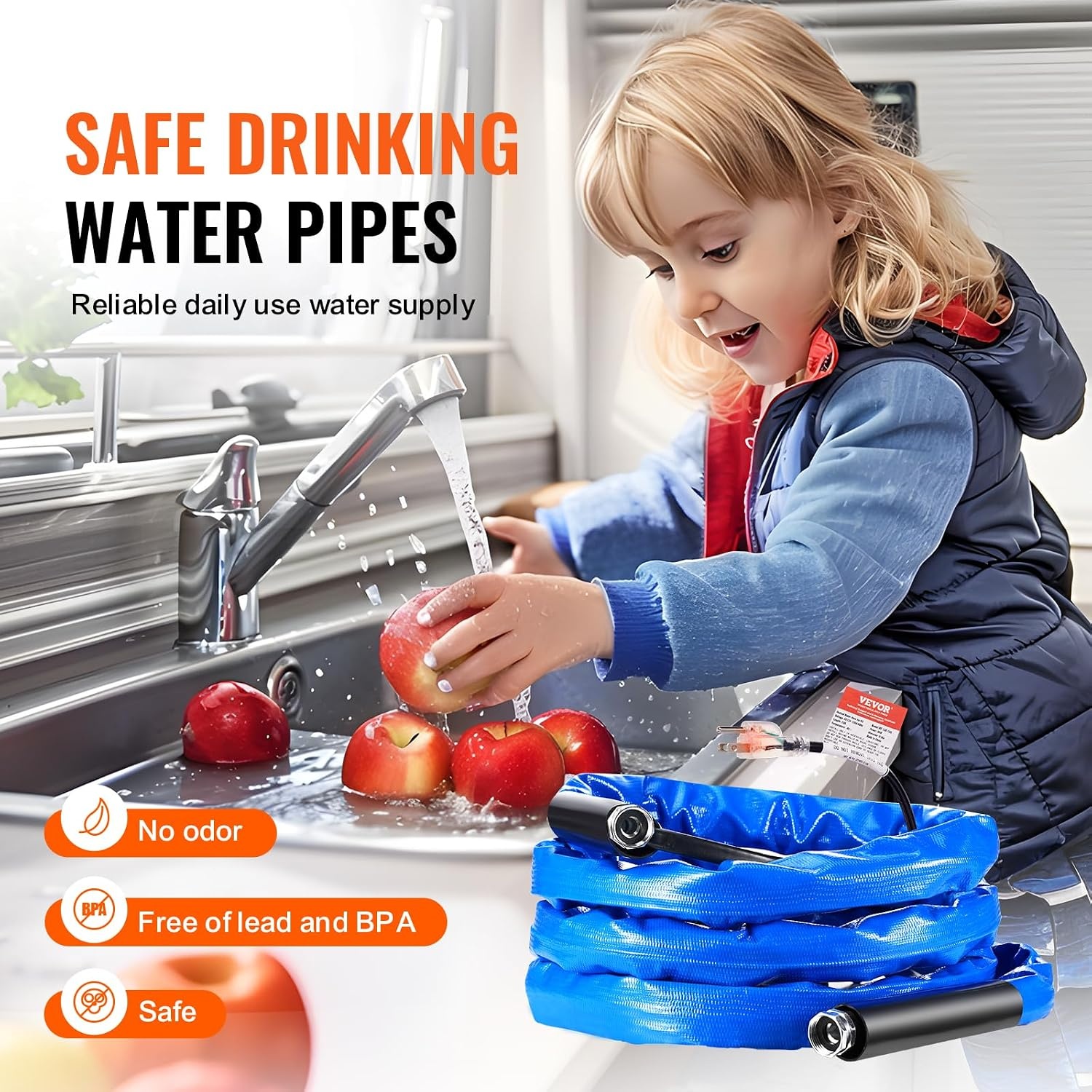 image:imageVEVOR 100ft Heated Water Hose for RV Heated Drinking Water Hose with Corrugated Cover Antifreeze to 45F Automatic Selfregulating 58 ID with 34 GHT Adapter Lead and BPA Free15FT