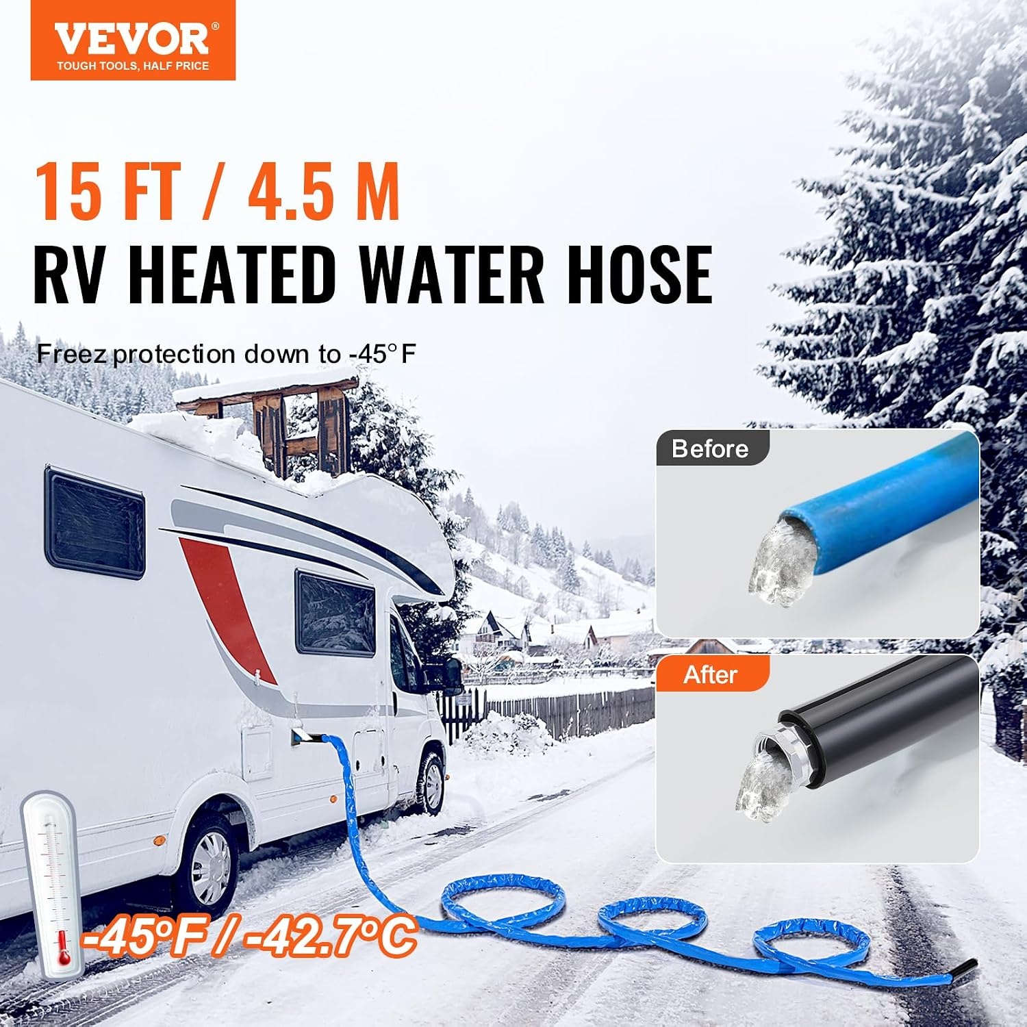 image:imageVEVOR 100ft Heated Water Hose for RV Heated Drinking Water Hose with Corrugated Cover Antifreeze to 45F Automatic Selfregulating 58 ID with 34 GHT Adapter Lead and BPA Free15FT