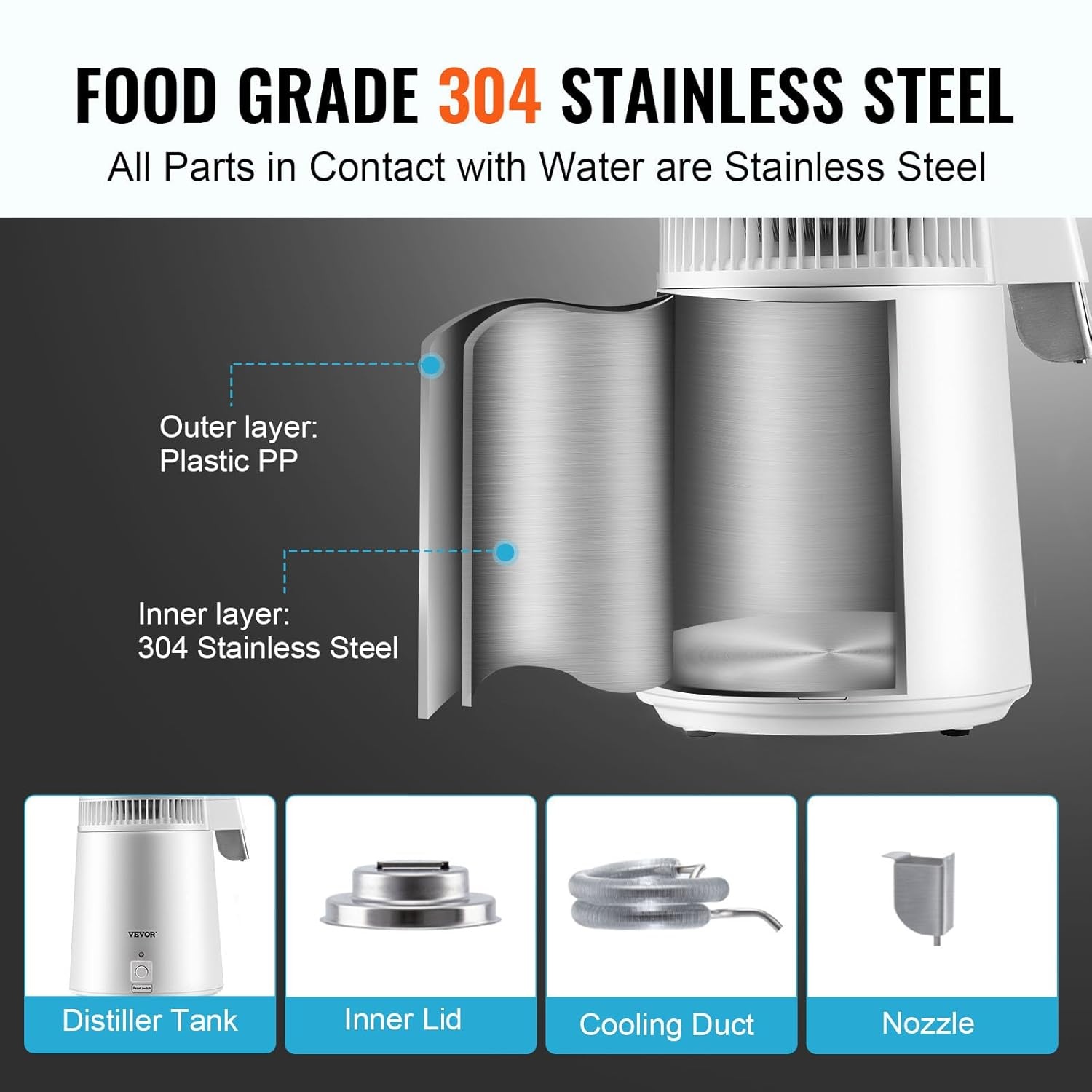 image:imageVEVOR 11 Gallon Water Distiller 750W BPA Free Container Countertop 304 Stainless Steel Interior Stiller Foodgrade Water Tank Button Control Distilled Water Maker for Home amp Commercial UseWhite