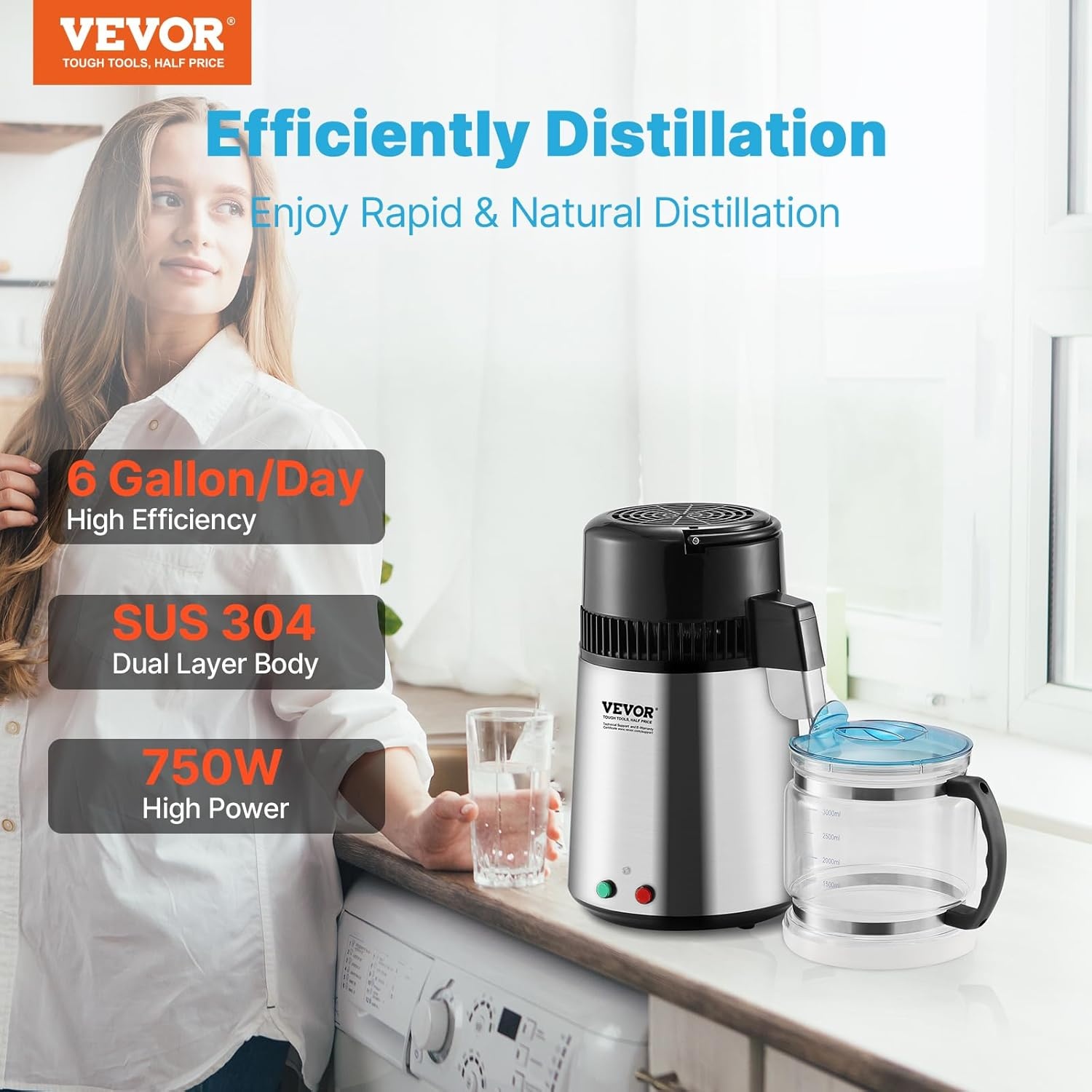 image:imageVEVOR 11 Gallon Water Distiller 750W BPA Free Container Countertop 304 Stainless Steel Interior Stiller Foodgrade Water Tank Button Control Distilled Water Maker for Home amp Commercial UseSilver
