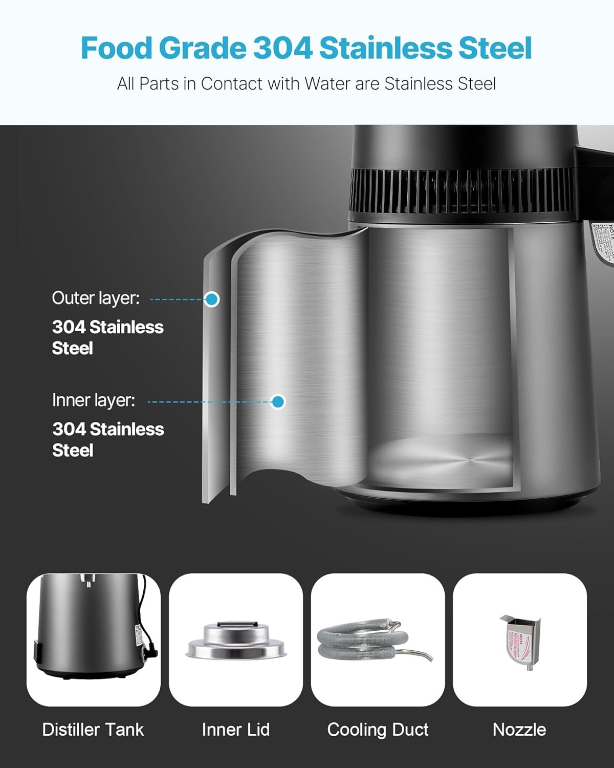 image:imageVEVOR 11 Gallon Water Distiller 750W BPA Free Container Countertop 304 Stainless Steel Interior Stiller Foodgrade Water Tank Button Control Distilled Water Maker for Home amp Commercial UseGrey