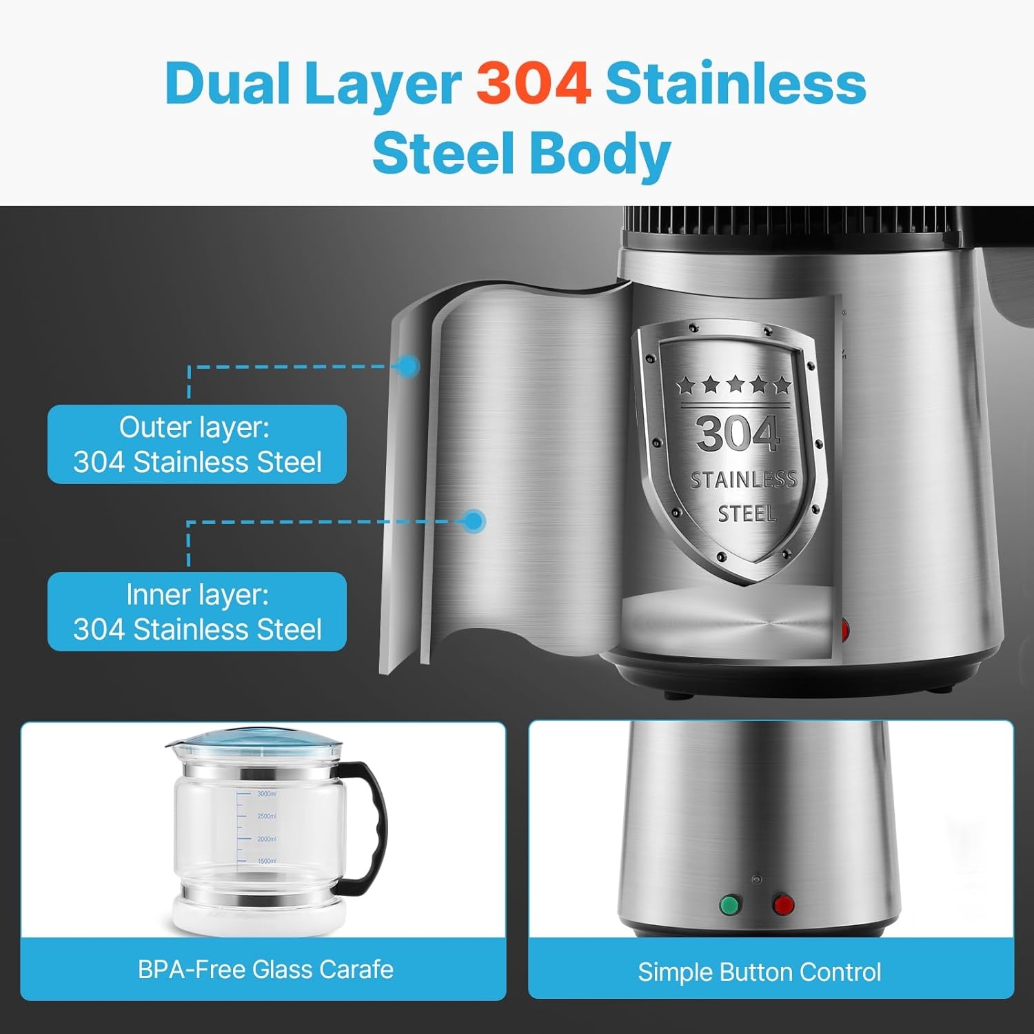 image:imageVEVOR 11 Gallon Water Distiller 750W BPA Free Container Countertop 304 Stainless Steel Interior Stiller Foodgrade Water Tank Button Control Distilled Water Maker for Home amp Commercial UseSilver