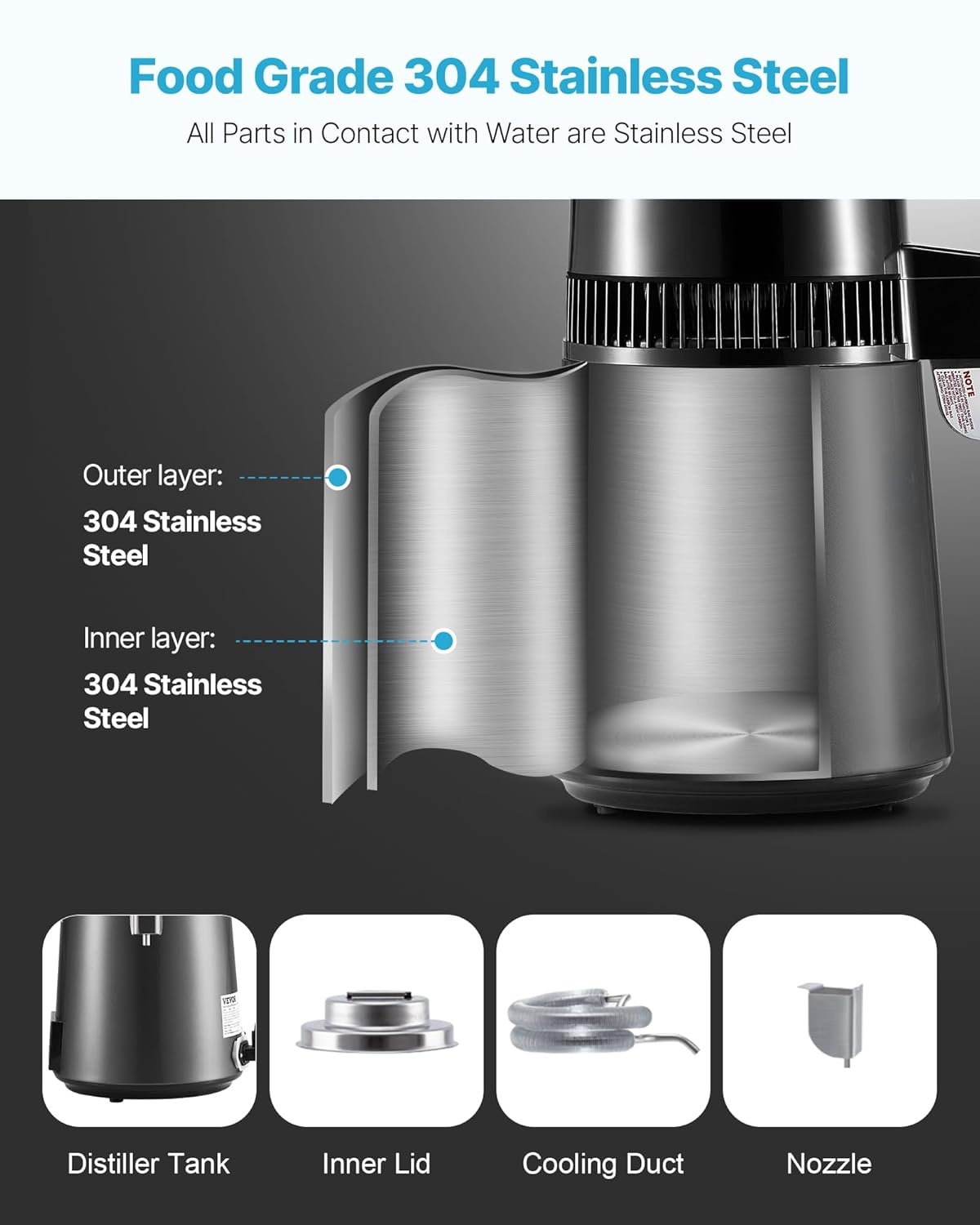 image:imageVEVOR 11 Gallon Water Distiller 750W BPA Free Container Countertop 304 Stainless Steel Interior Stiller Foodgrade Water Tank Button Control Distilled Water Maker for Home amp Commercial UseGrey