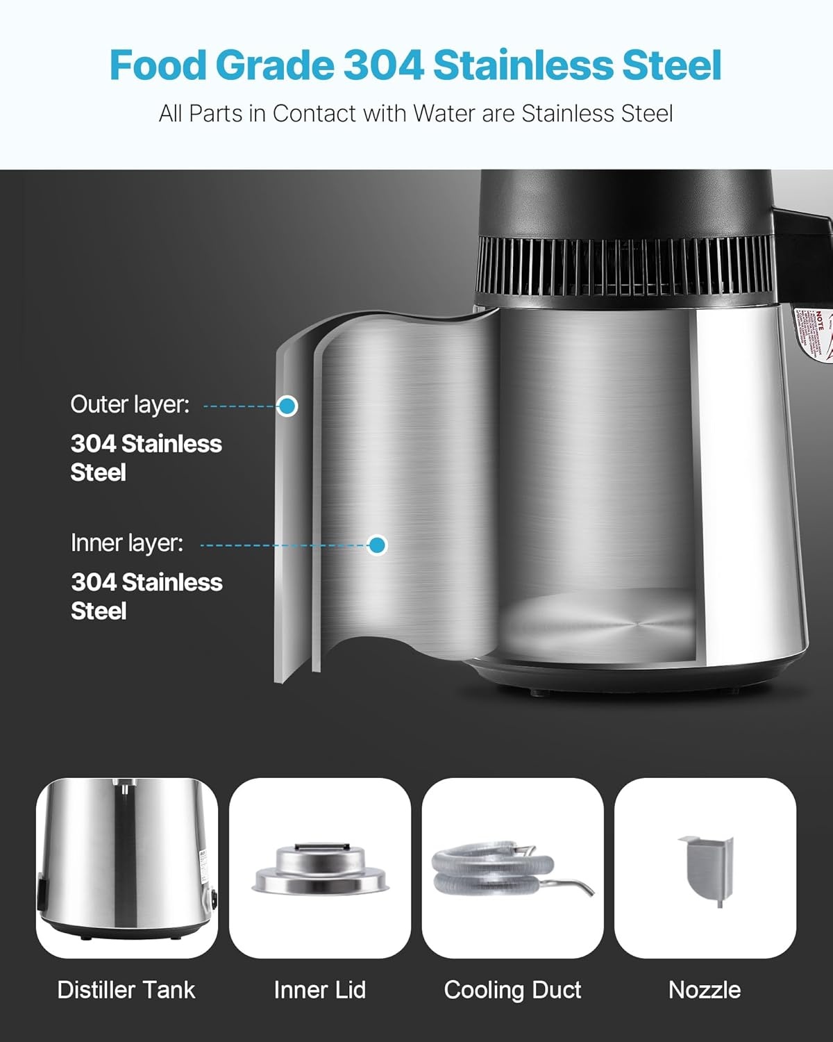 image:imageVEVOR 11 Gallon Water Distiller 750W BPA Free Container Countertop 304 Stainless Steel Interior Stiller Foodgrade Water Tank Button Control Distilled Water Maker for Home amp Commercial UseSilver