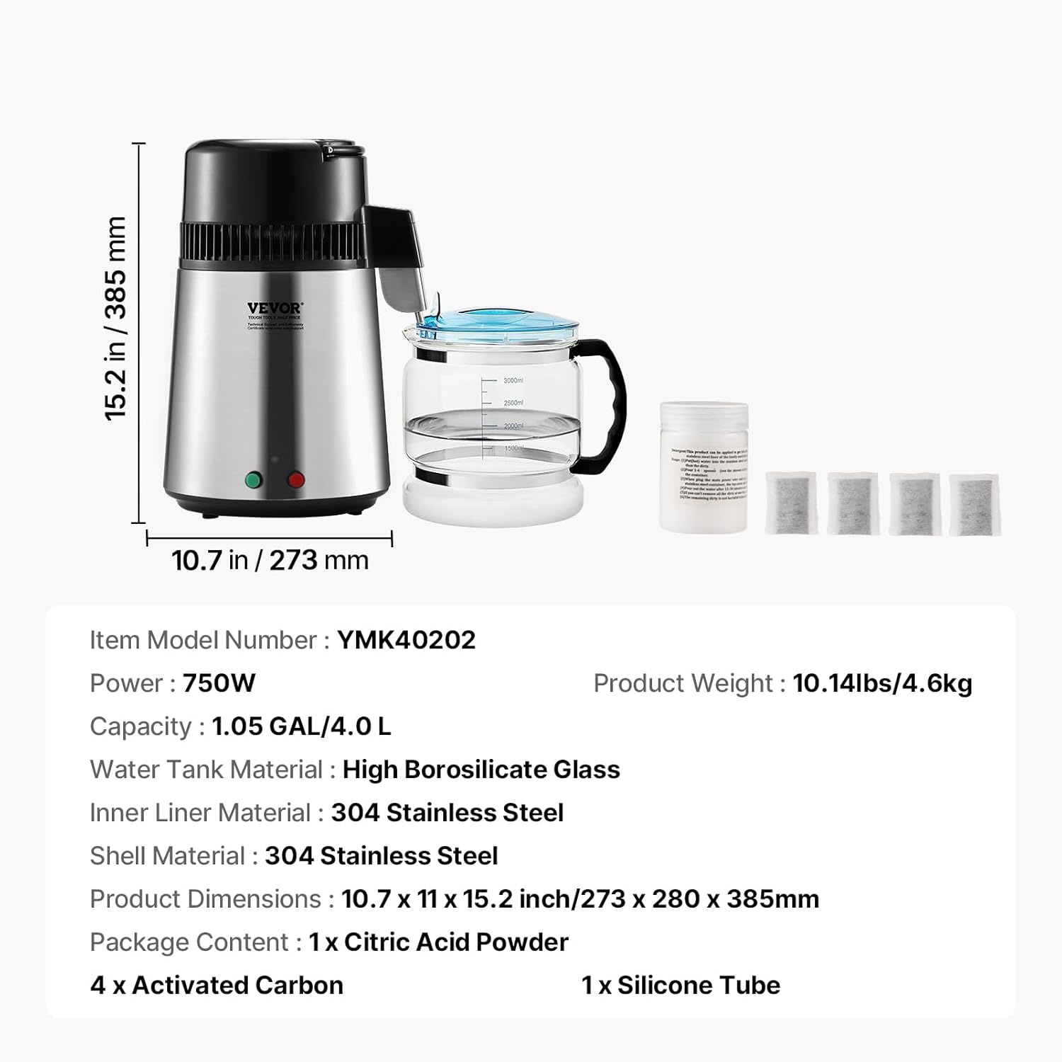 image:imageVEVOR 11 Gallon Water Distiller 750W BPA Free Container Countertop 304 Stainless Steel Interior Stiller Foodgrade Water Tank Button Control Distilled Water Maker for Home amp Commercial UseSilver