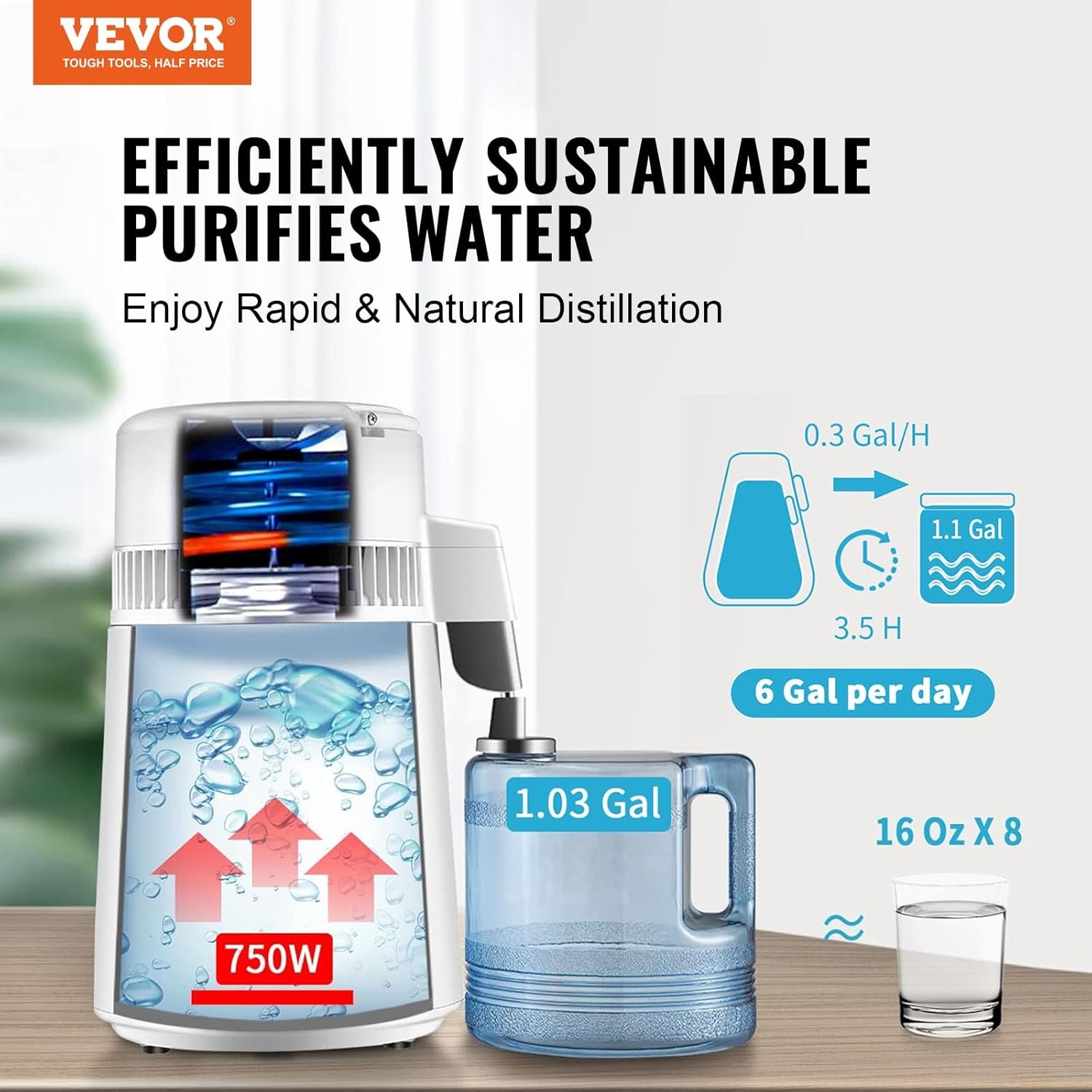 image:imageVEVOR 11 Gallon Water Distiller 750W BPA Free Container Countertop 304 Stainless Steel Interior Stiller Foodgrade Water Tank Button Control Distilled Water Maker for Home amp Commercial UseWhite