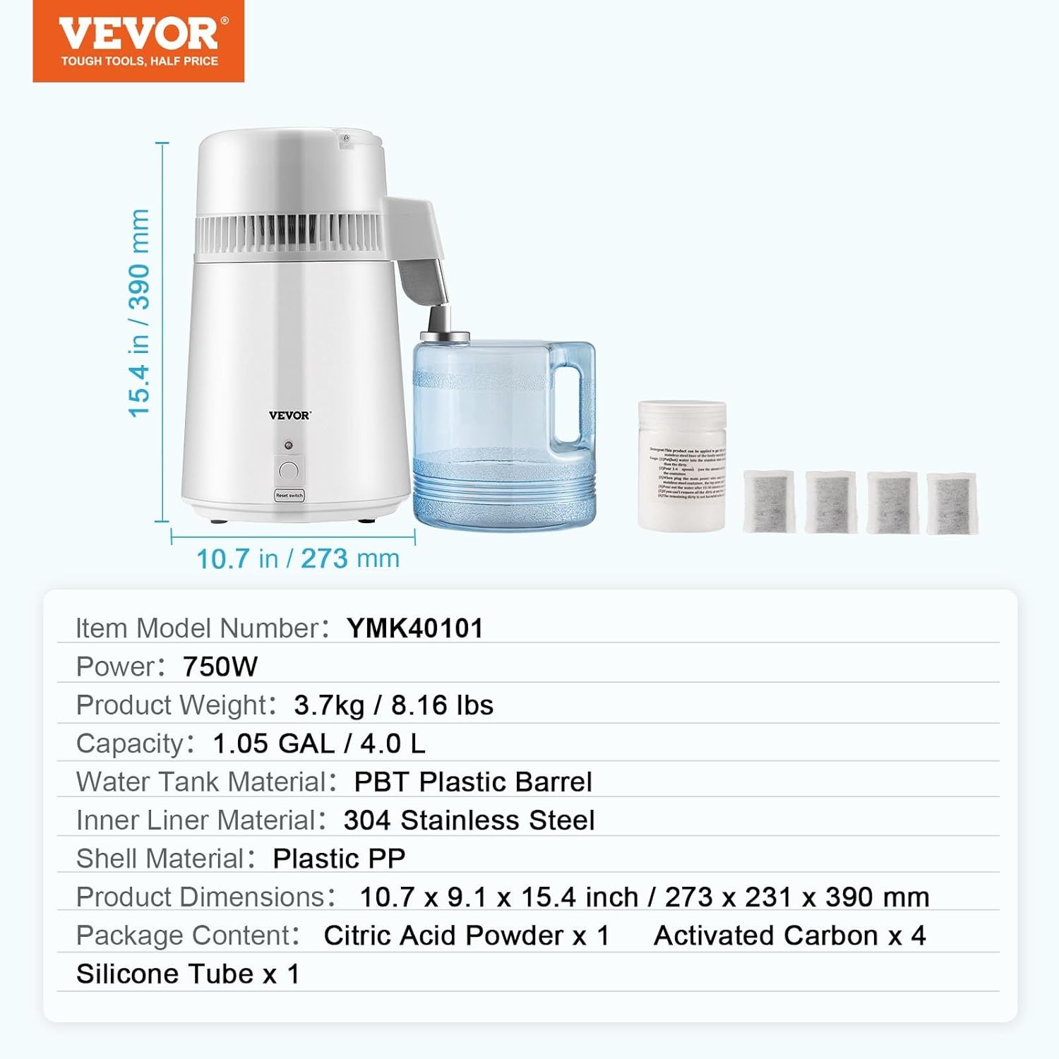 image:imageVEVOR 11 Gallon Water Distiller 750W BPA Free Container Countertop 304 Stainless Steel Interior Stiller Foodgrade Water Tank Button Control Distilled Water Maker for Home amp Commercial UseWhite