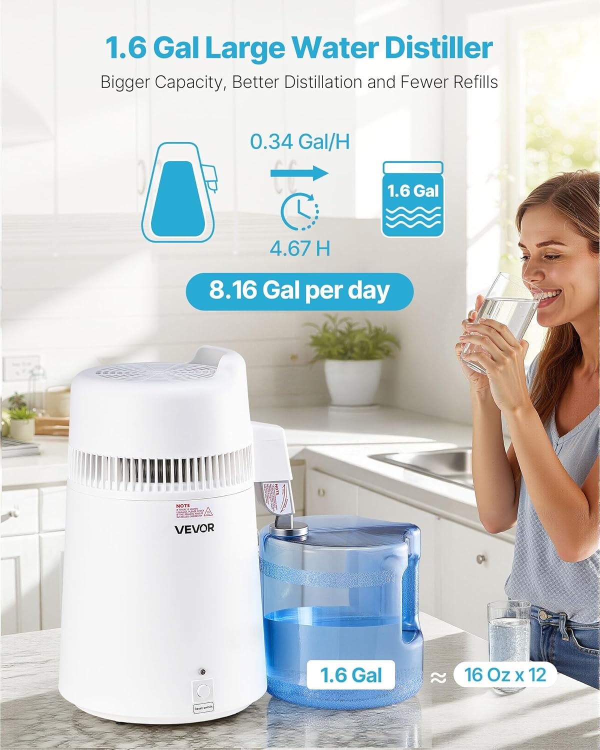 image:imageVEVOR 11 Gallon Water Distiller 750W BPA Free Container Countertop 304 Stainless Steel Interior Stiller Foodgrade Water Tank Button Control Distilled Water Maker for Home amp Commercial UseWhite